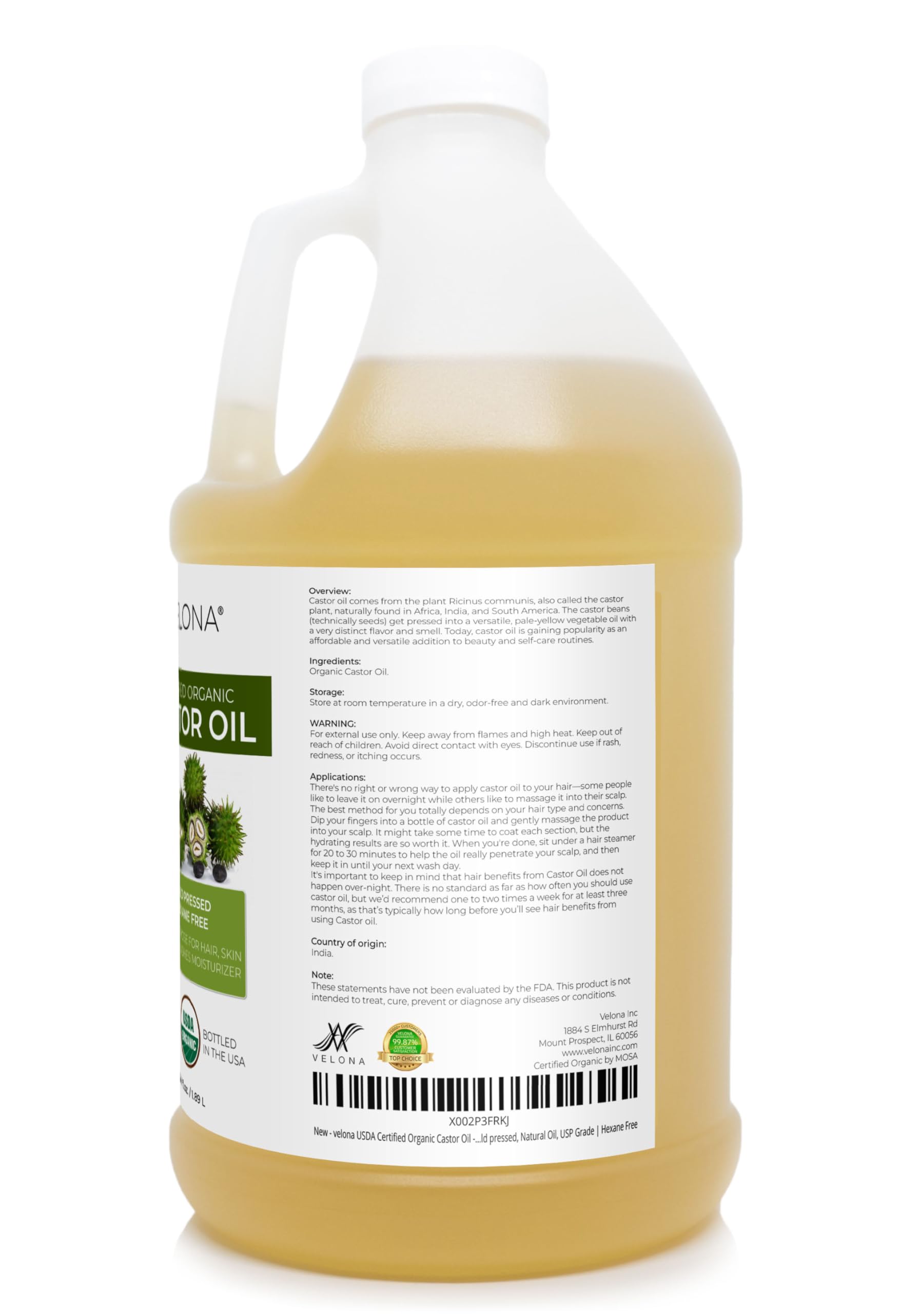 Velona USDA Organic Castor Oil 64 oz – Cold-Pressed, Hexane-Free, USP Grade | For Hair, Eyelashes, Brows