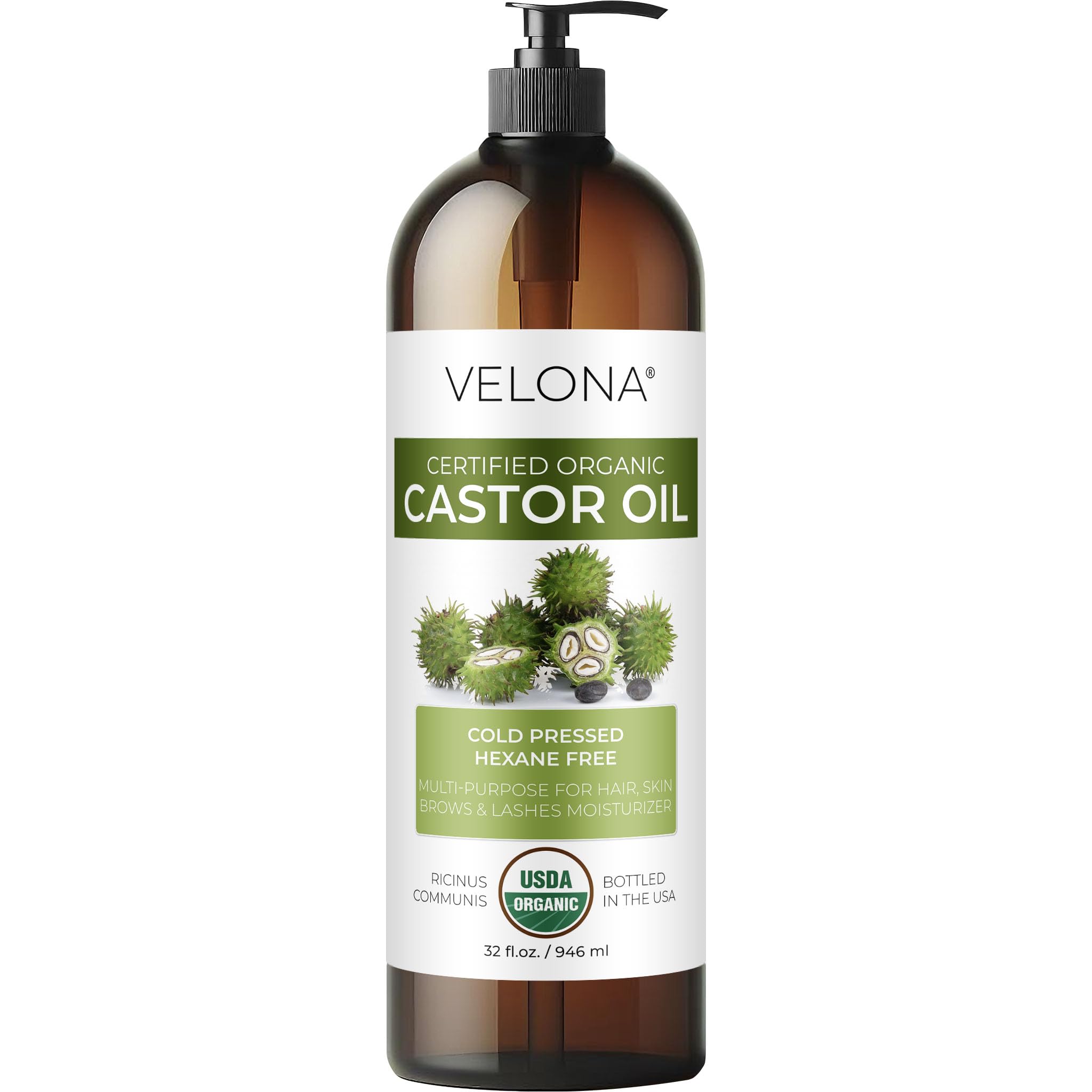 Velona USDA Organic Castor Oil 32oz — Hair Growth, Lash & Brow Care, Cold-Pressed