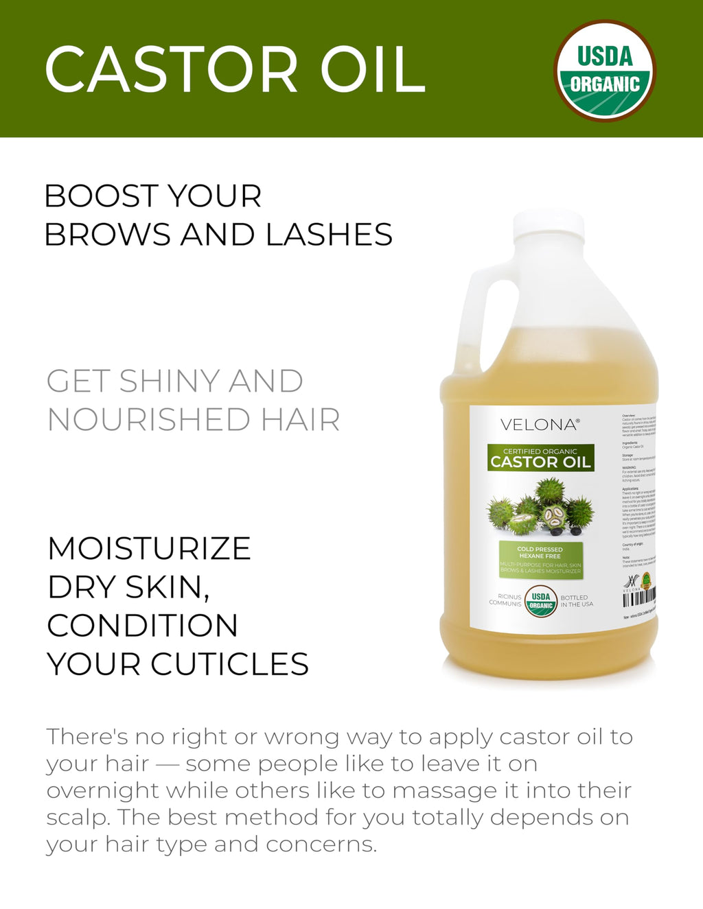Velona USDA Organic Castor Oil 64 oz – Cold-Pressed, Hexane-Free, USP Grade | For Hair, Eyelashes, Brows