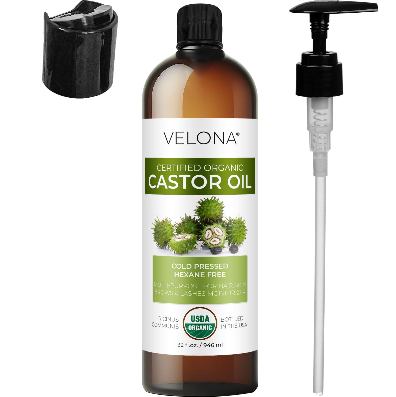 Velona USDA Organic Castor Oil 32oz — Hair Growth, Lash & Brow Care, Cold-Pressed