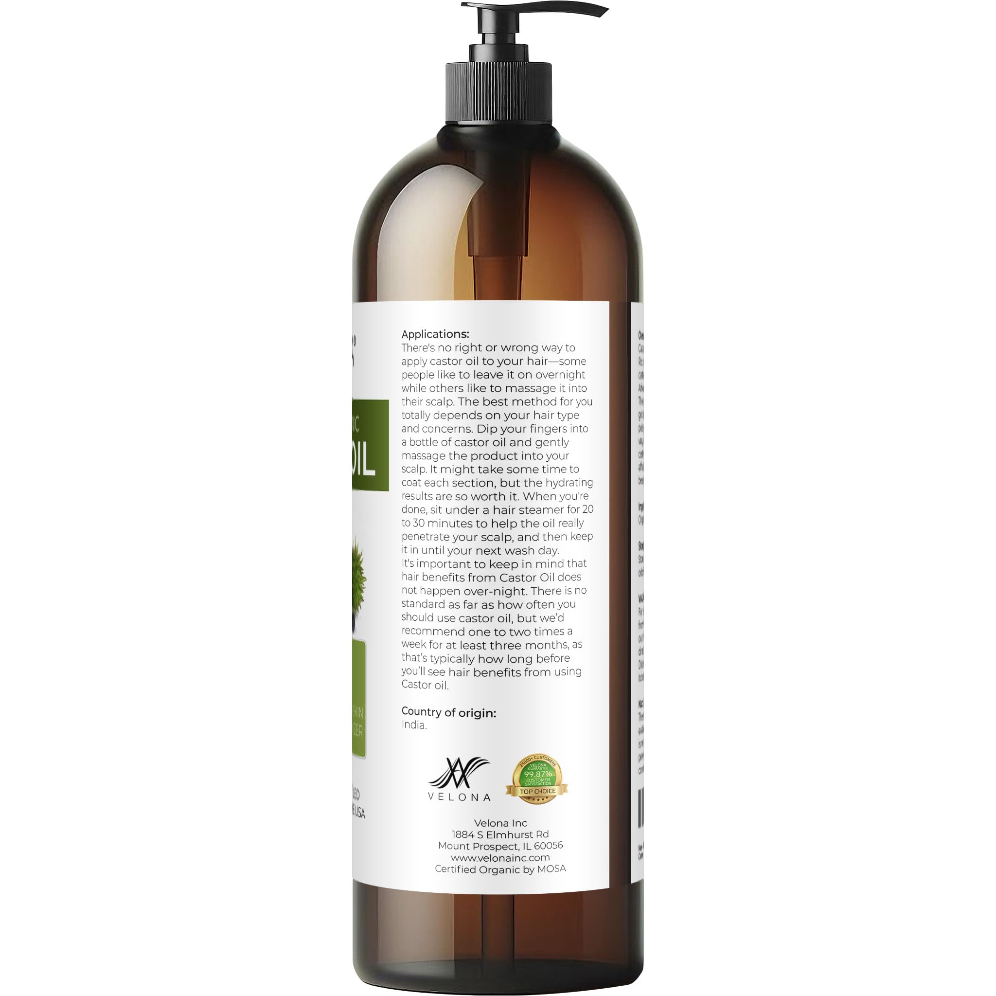 Velona USDA Organic Castor Oil 32oz — Hair Growth, Lash & Brow Care, Cold-Pressed