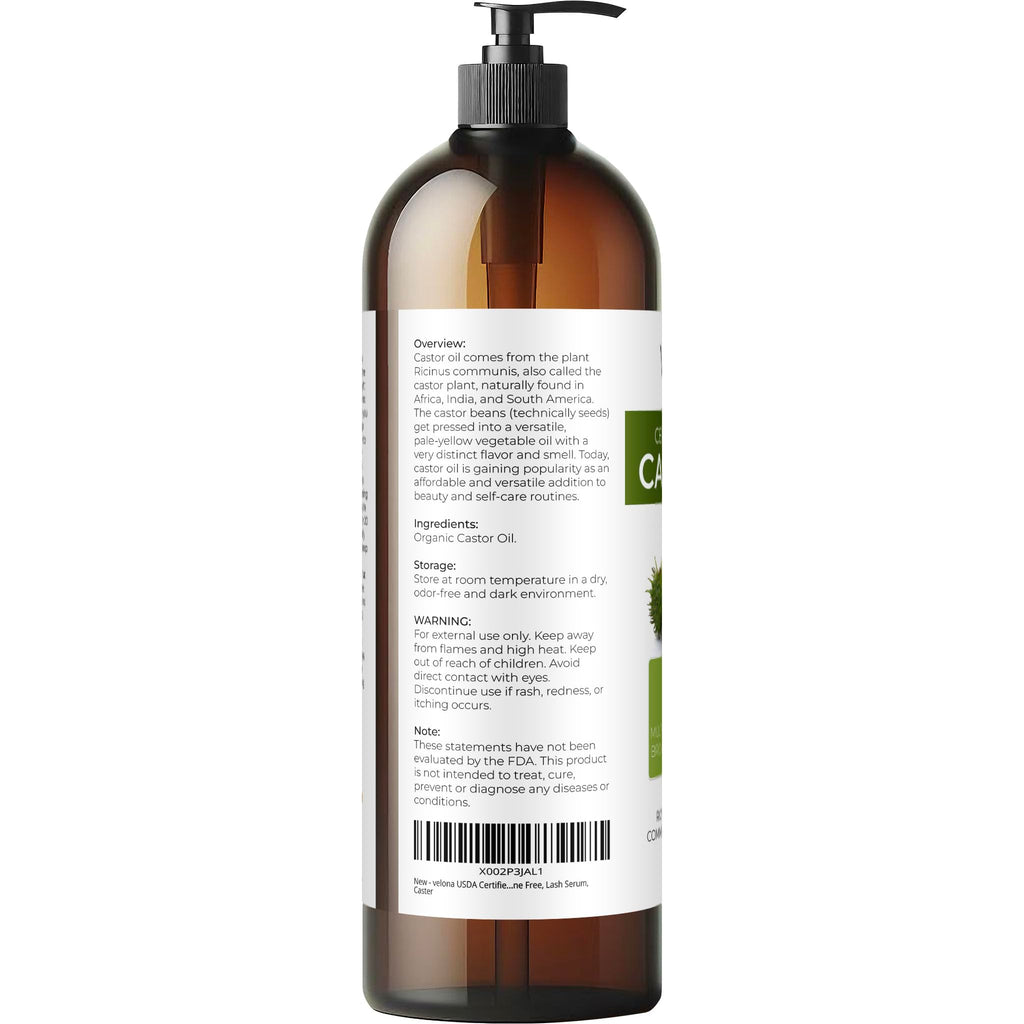 Velona USDA Organic Castor Oil 32oz — Hair Growth, Lash & Brow Care, Cold-Pressed