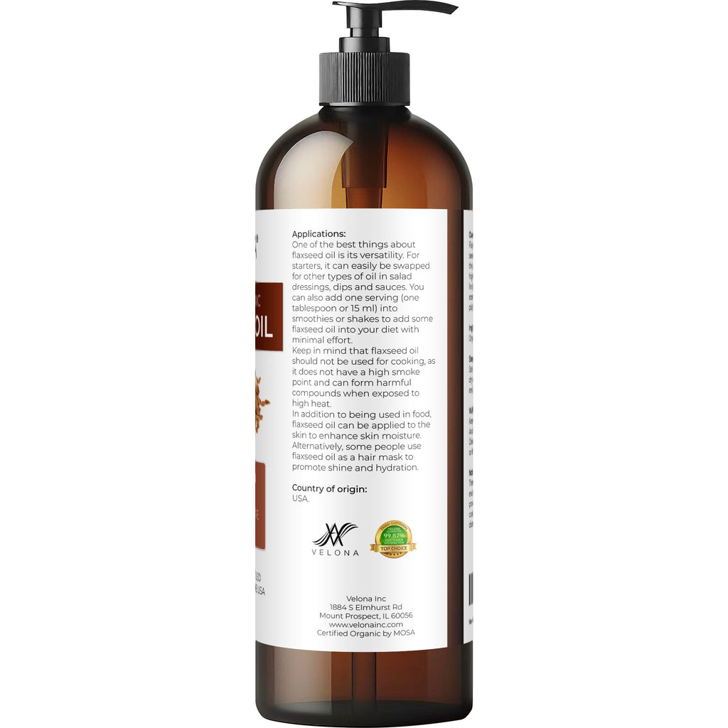 Velona USDA Organic Flaxseed Oil - 16oz, 100% Pure & Natural Carrier Oil, Unrefined & Cold-Pressed