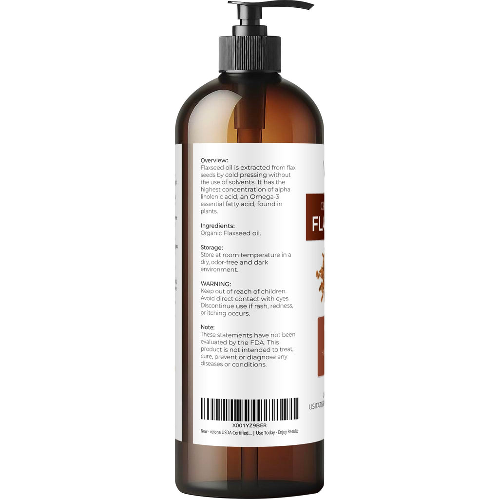 Velona USDA Organic Flaxseed Oil - 16oz, 100% Pure & Natural Carrier Oil, Unrefined & Cold-Pressed