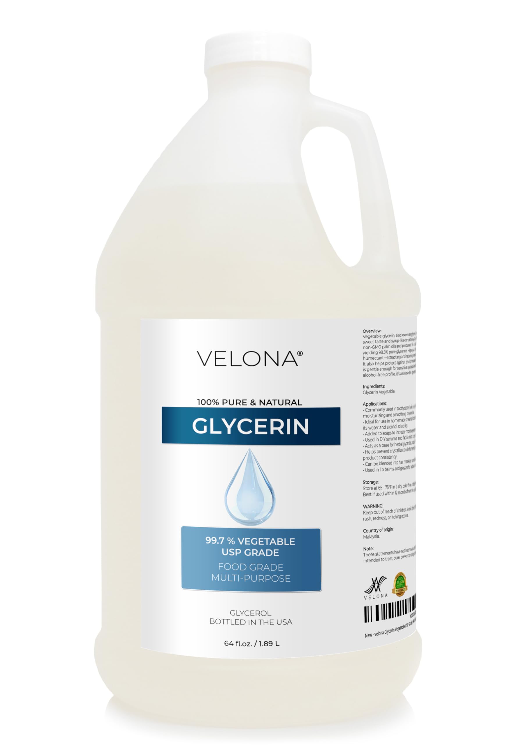 velona Glycerin Vegetable USP Grade 64 fl oz | Pure Carrier Oil for Skin & Hair