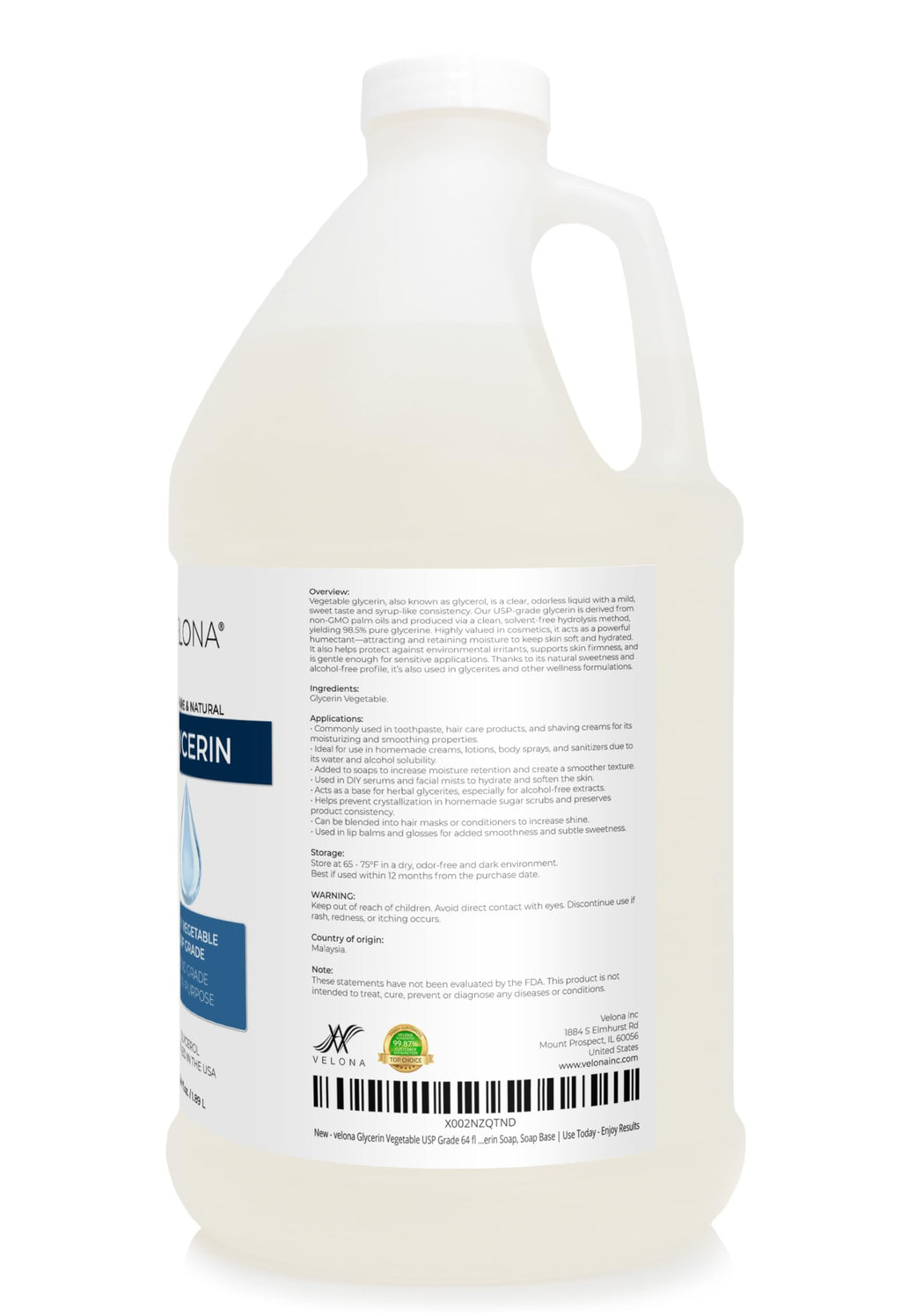 velona Glycerin Vegetable USP Grade 64 fl oz | Pure Carrier Oil for Skin & Hair
