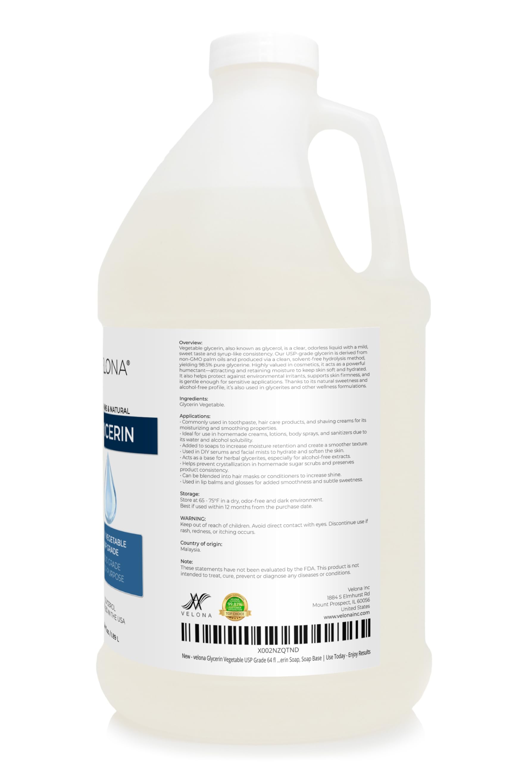velona Glycerin Vegetable USP Grade 64 fl oz | Pure Carrier Oil for Skin & Hair