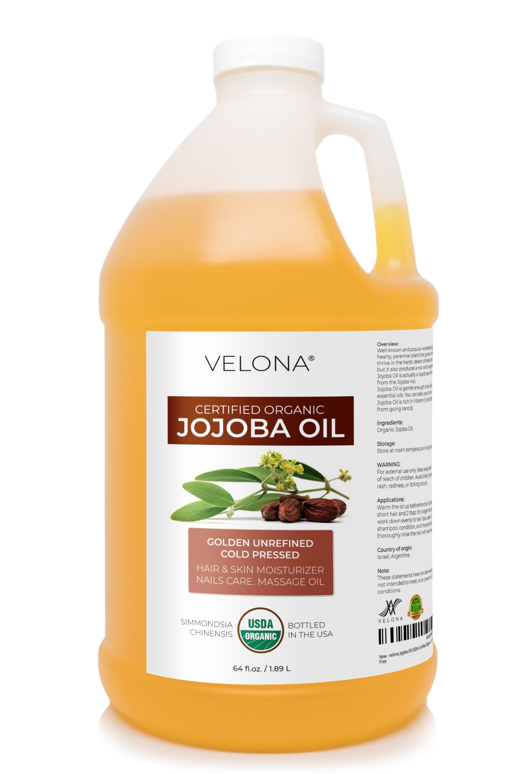 Velona Jojoba Oil USDA Organic - 64 Fl Oz | Cold-Pressed, Hexane Free