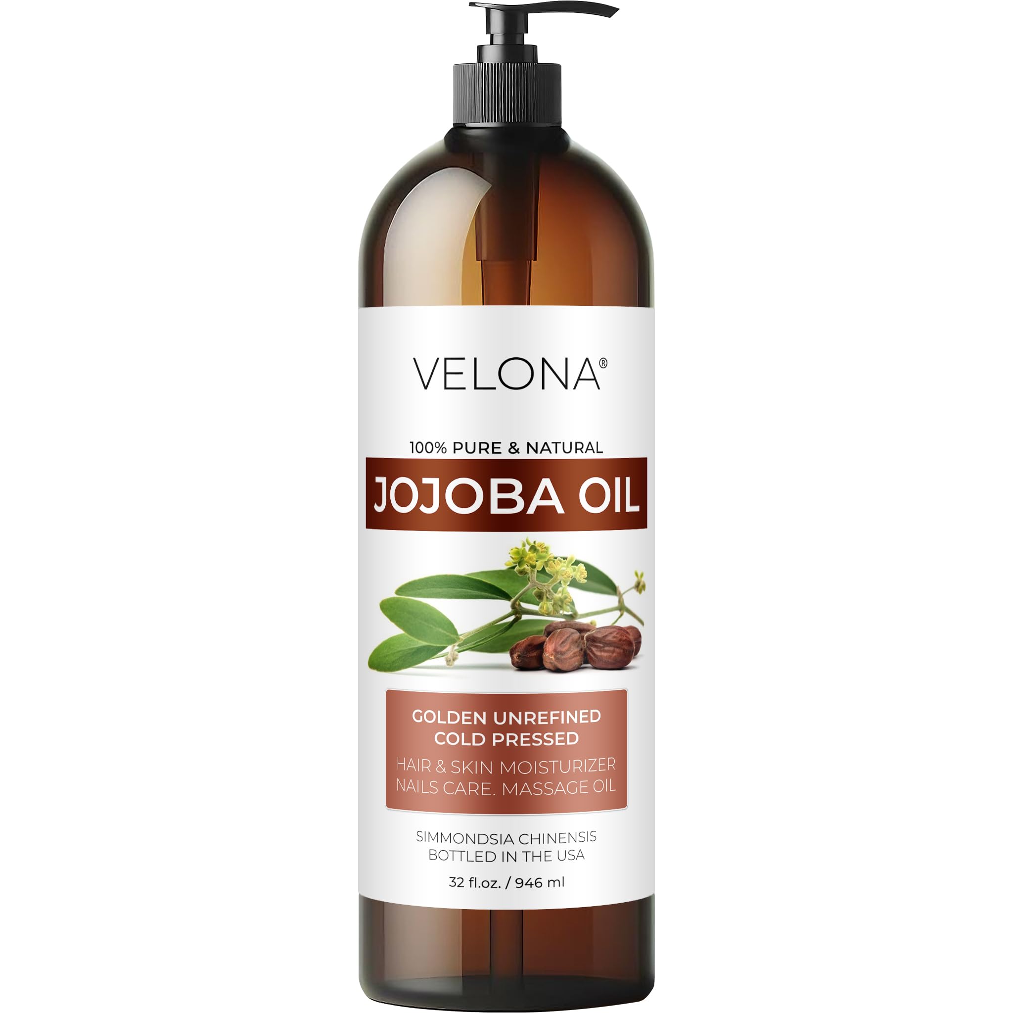 Velona Jojoba Oil – 32 fl oz with Pump | 100% Pure, Cold-Pressed, Hexane-Free