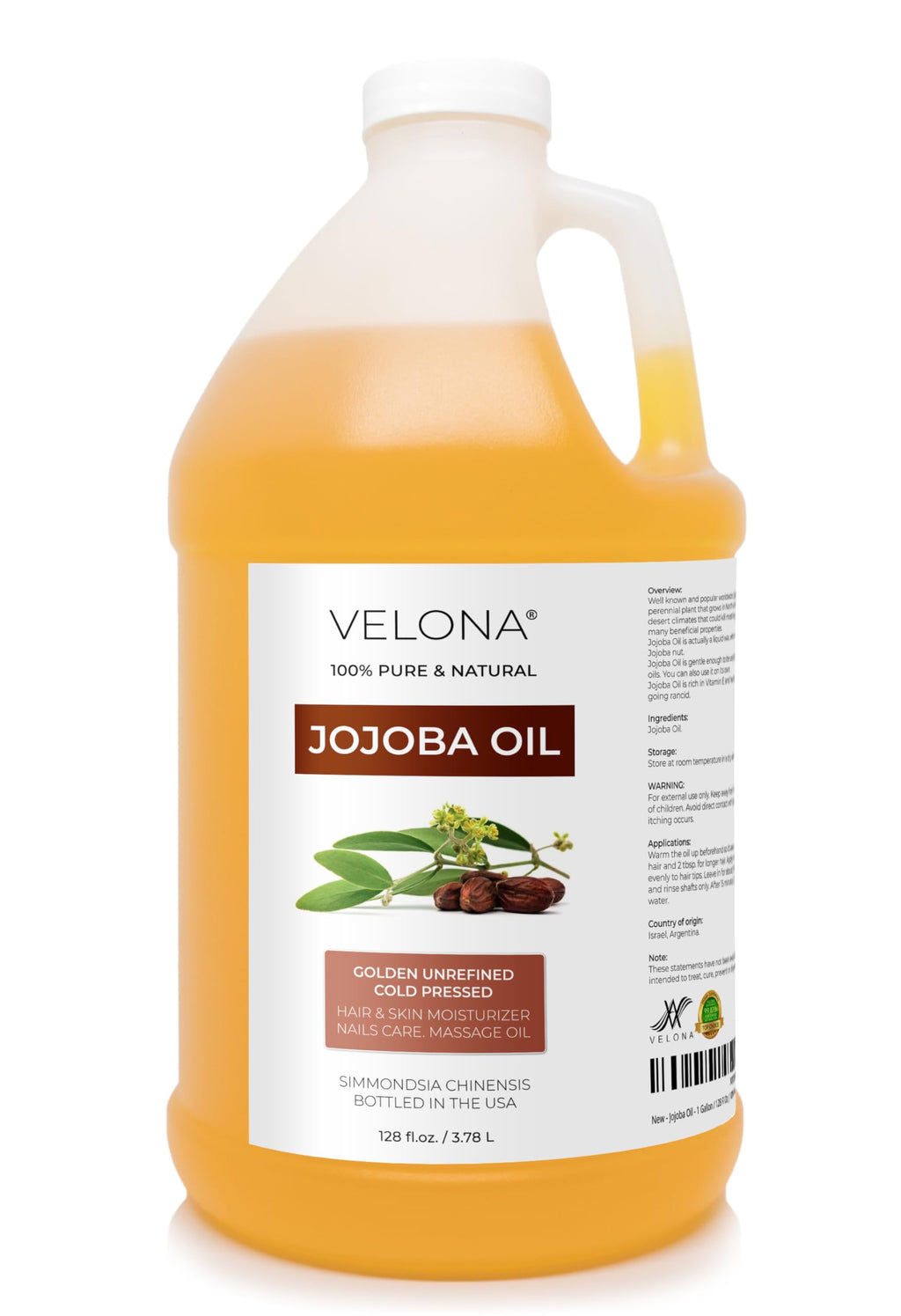 Velona Jojoba Oil – 1 Gallon | 100% Pure & Natural, Cold-Pressed, Hexane-Free