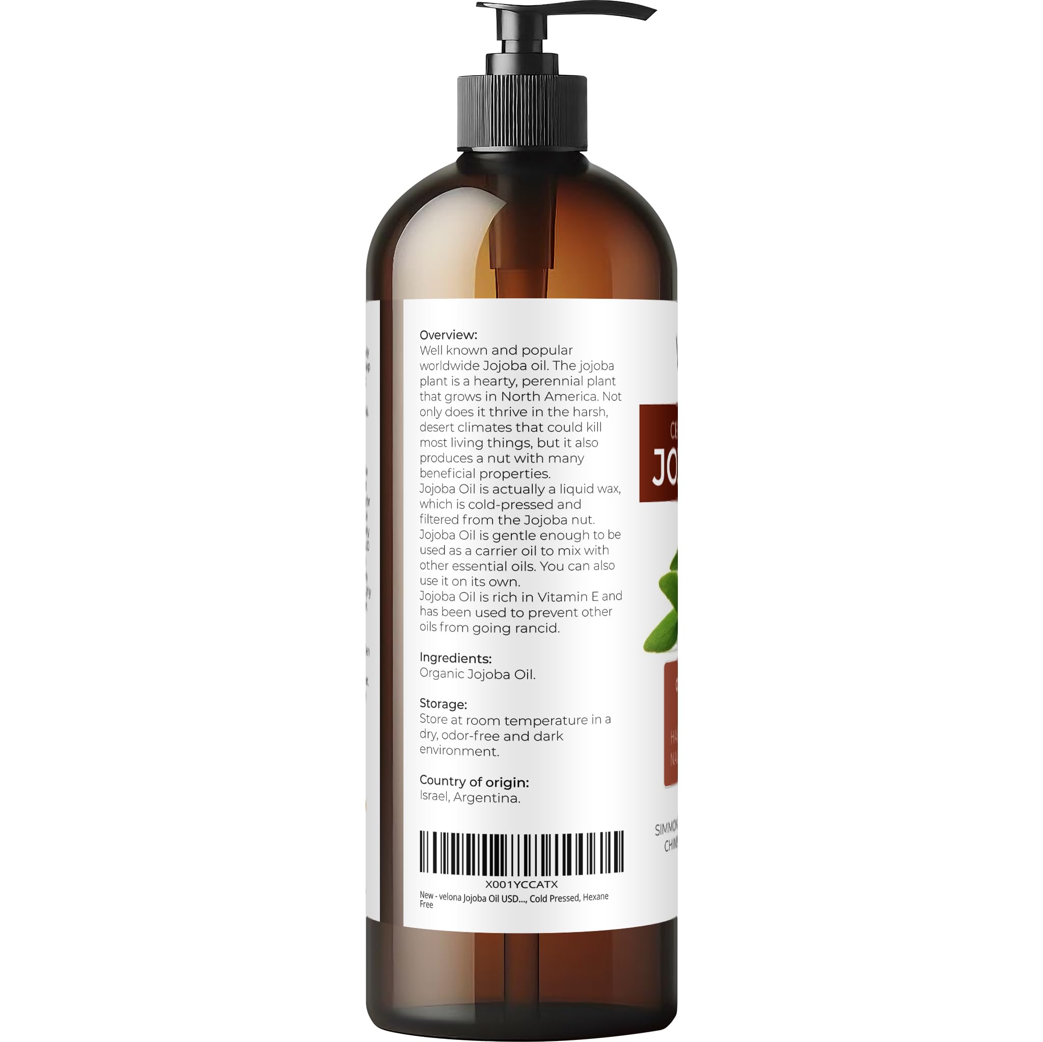 Velona Jojoba Oil USDA Organic - 16 fl oz with Pump | Pure, Cold-Pressed, Hexane Free