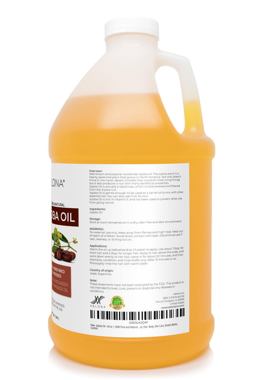 Velona Jojoba Oil - 64 oz | 100% Pure, Cold-Pressed, Hexane-Free, All-Natural Moisturizer