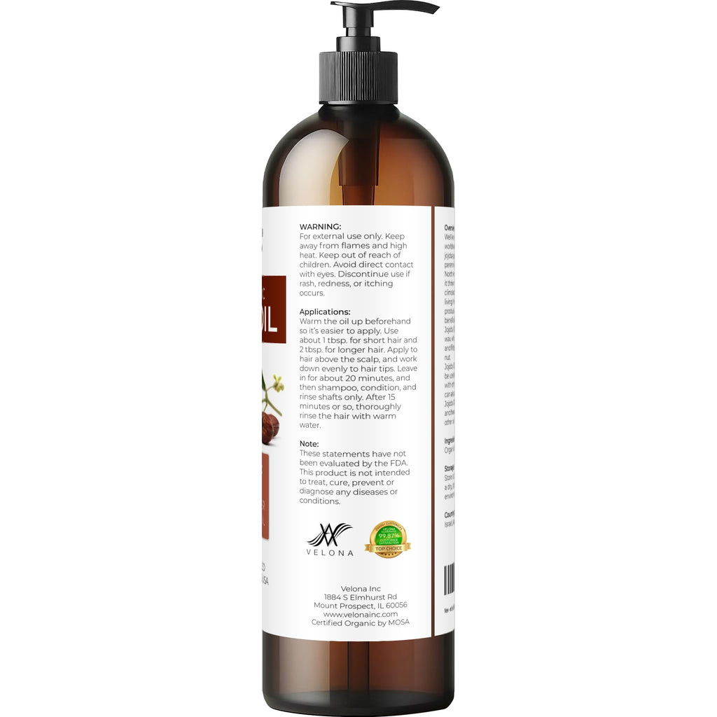 Velona USDA Organic Jojoba Oil with Pump — 8 oz | Cold-Pressed, Hexane-Free