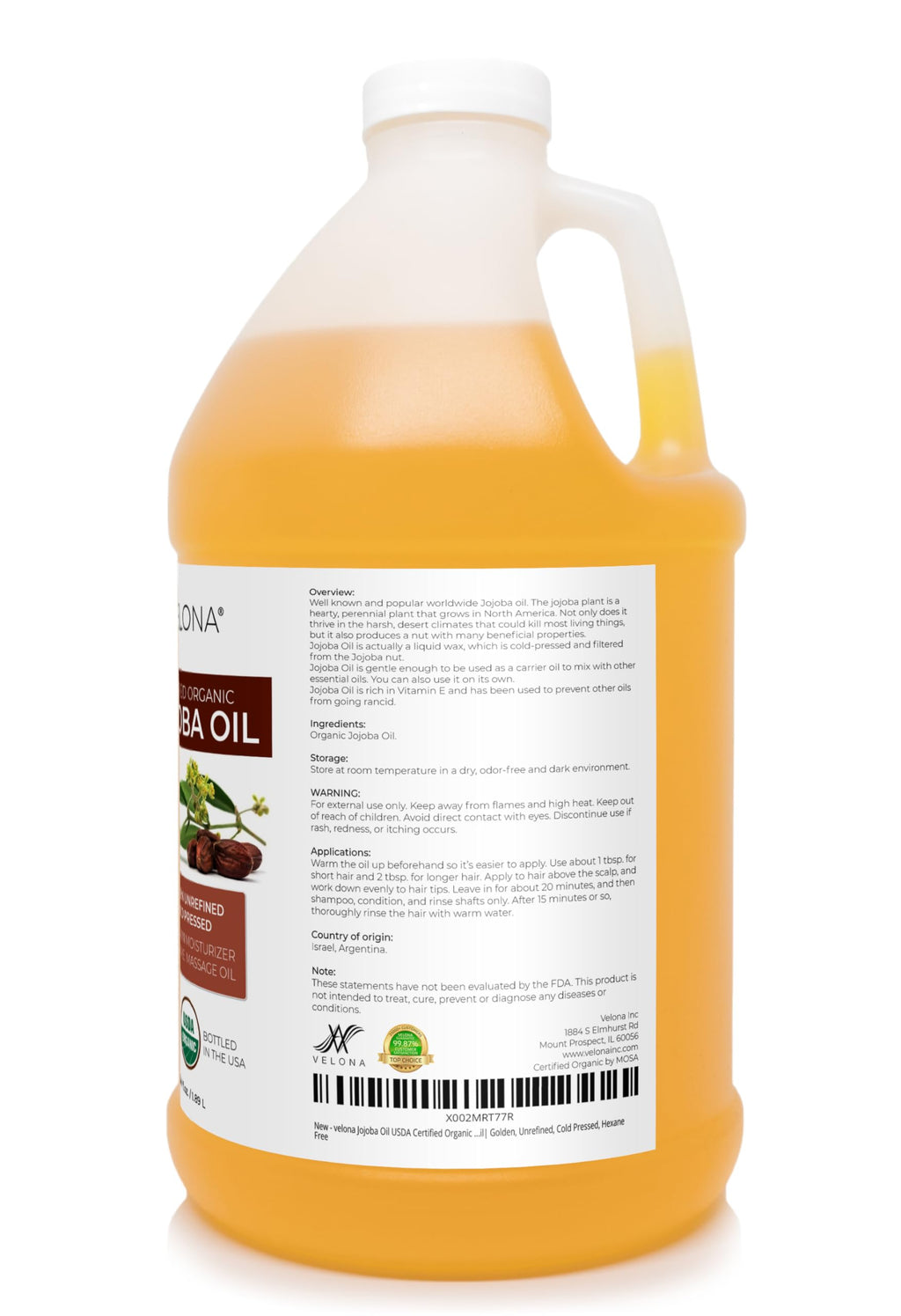 Velona Jojoba Oil USDA Organic - 64 Fl Oz | Cold-Pressed, Hexane Free