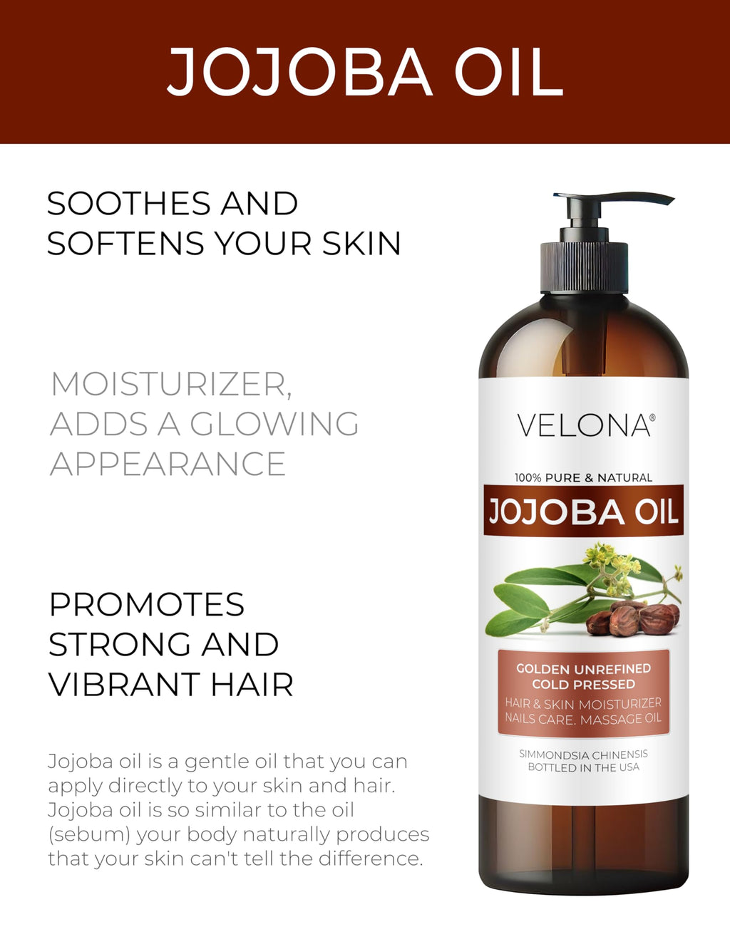 Velona Jojoba Oil – 32 fl oz with Pump | 100% Pure, Cold-Pressed, Hexane-Free