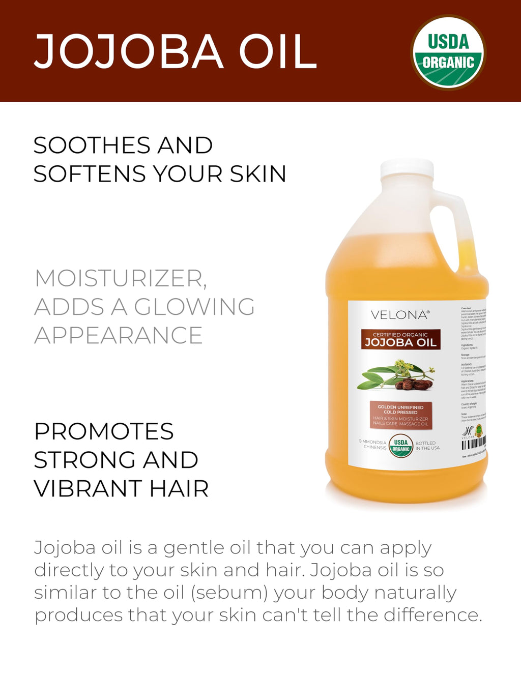 Velona Jojoba Oil USDA Organic - 64 Fl Oz | Cold-Pressed, Hexane Free