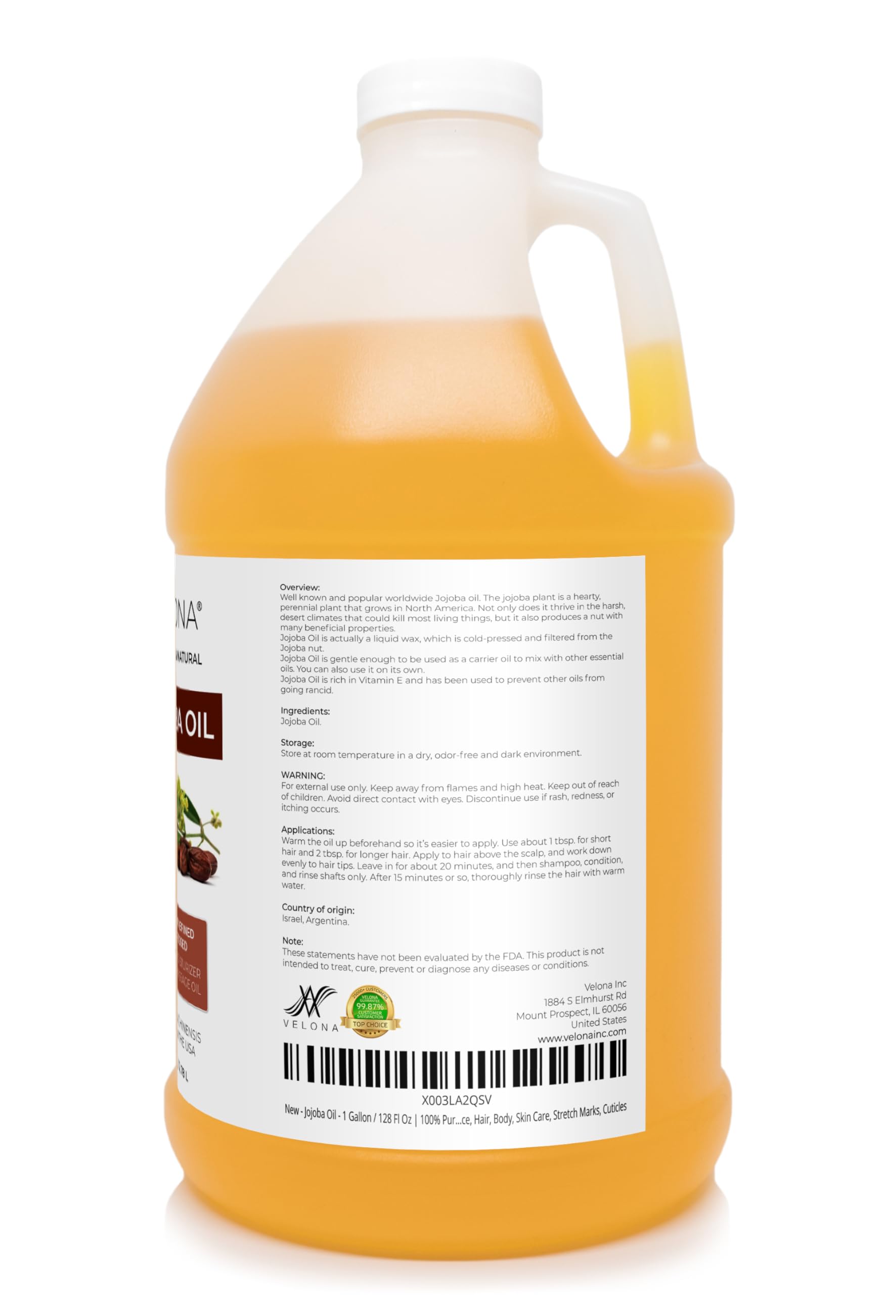 Velona Jojoba Oil – 1 Gallon | 100% Pure & Natural, Cold-Pressed, Hexane-Free