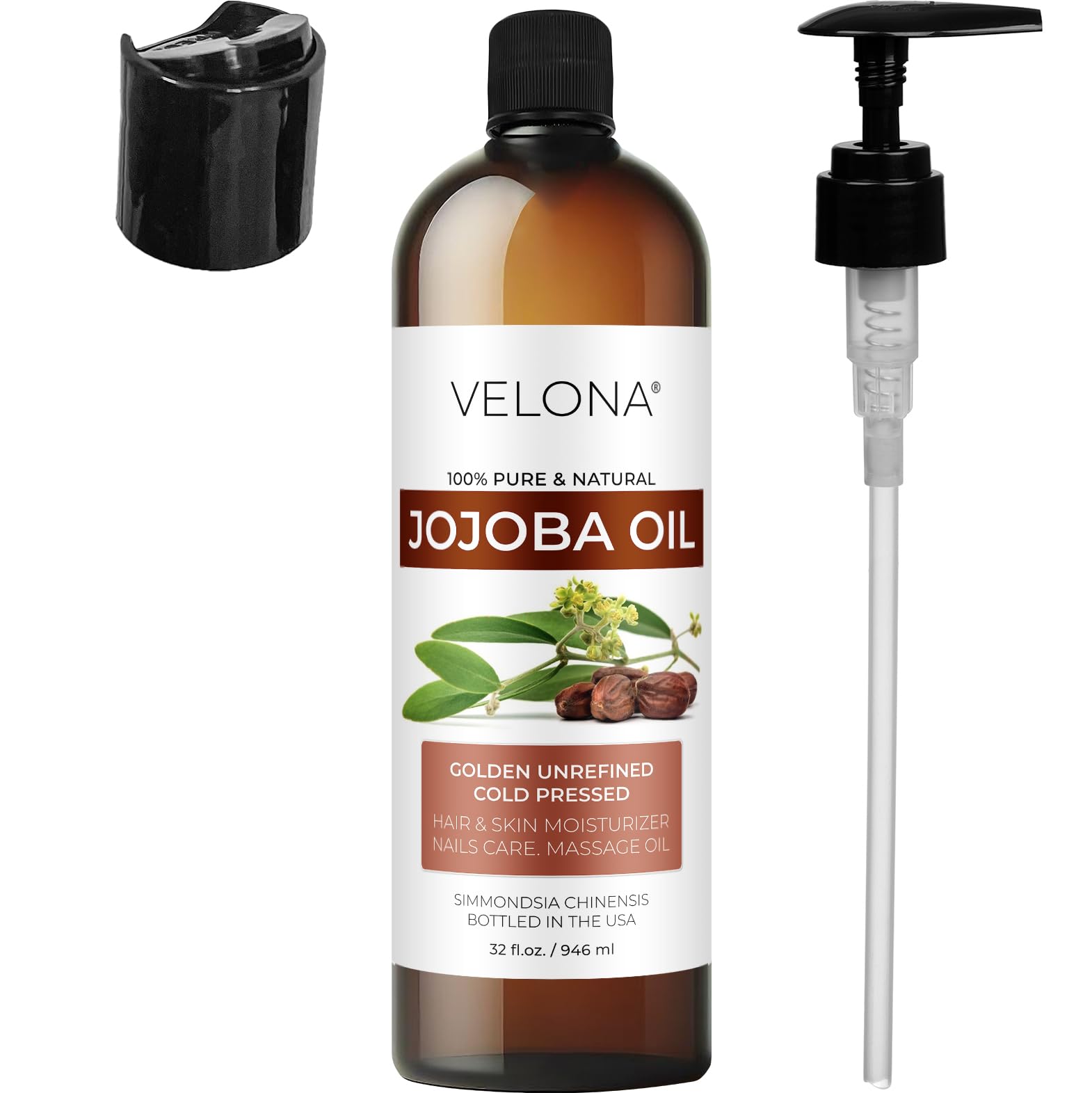 Velona Jojoba Oil – 32 fl oz with Pump | 100% Pure, Cold-Pressed, Hexane-Free