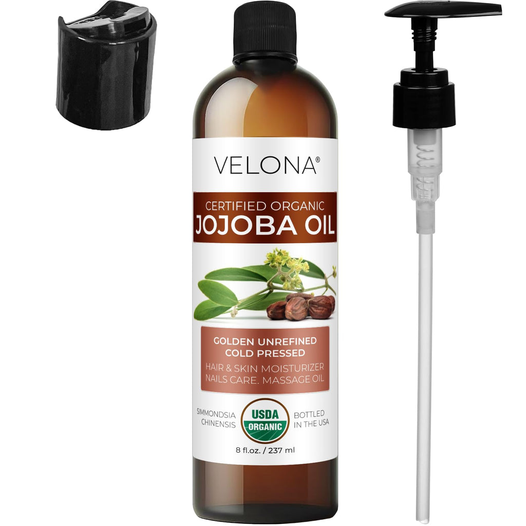 Velona USDA Organic Jojoba Oil with Pump — 8 oz | Cold-Pressed, Hexane-Free