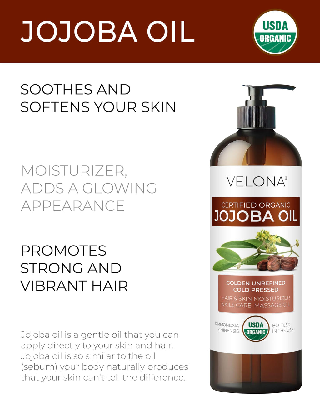 Velona Jojoba Oil USDA Organic - 16 fl oz with Pump | Pure, Cold-Pressed, Hexane Free