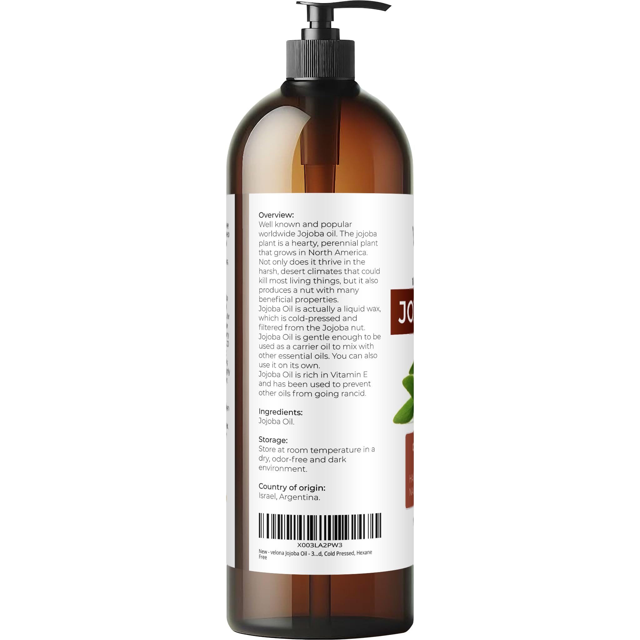 Velona Jojoba Oil – 32 fl oz with Pump | 100% Pure, Cold-Pressed, Hexane-Free