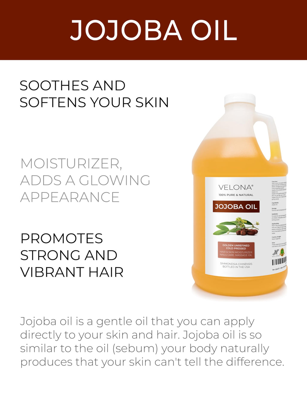 Velona Jojoba Oil – 1 Gallon | 100% Pure & Natural, Cold-Pressed, Hexane-Free