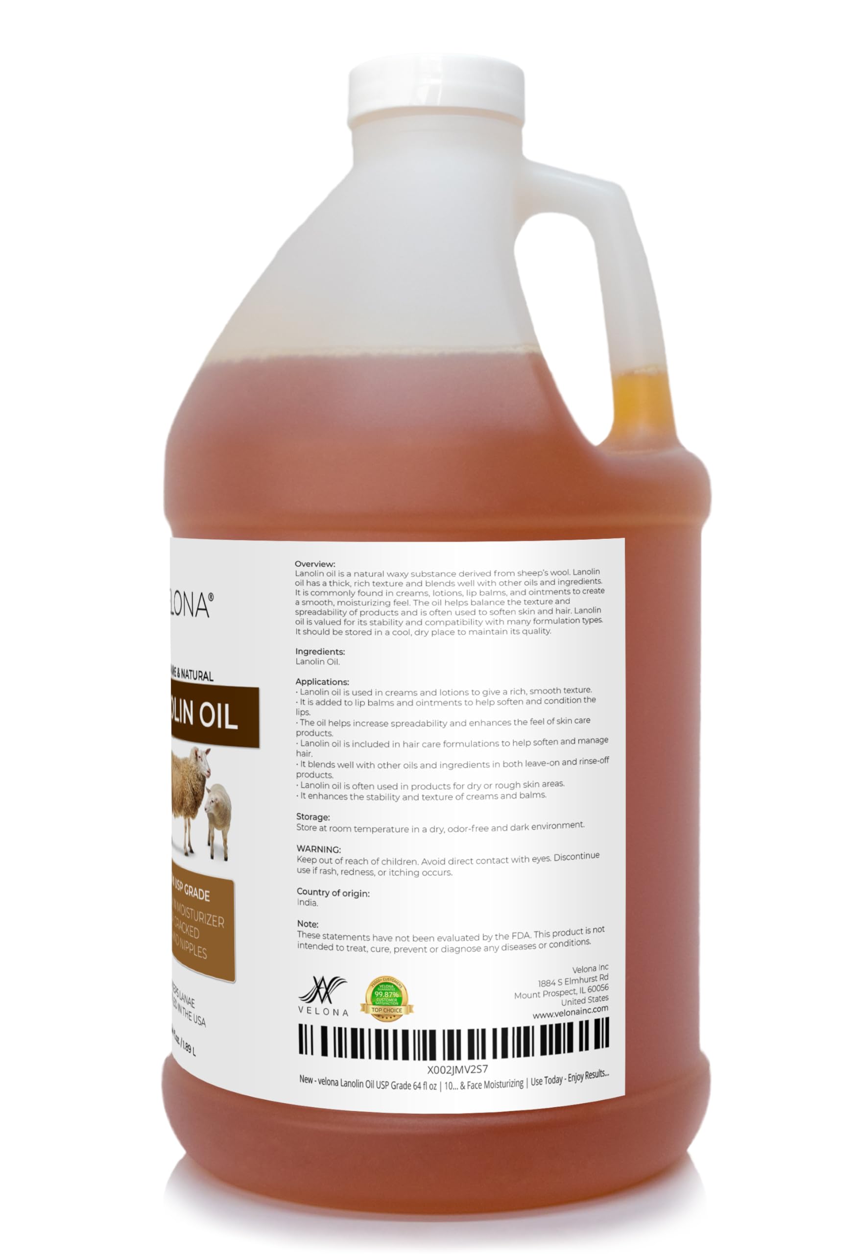 Velona Lanolin Oil USP Grade – 64oz Pure Carrier Oil for Skin, Hair & Nails | Refined, Cold Pressed