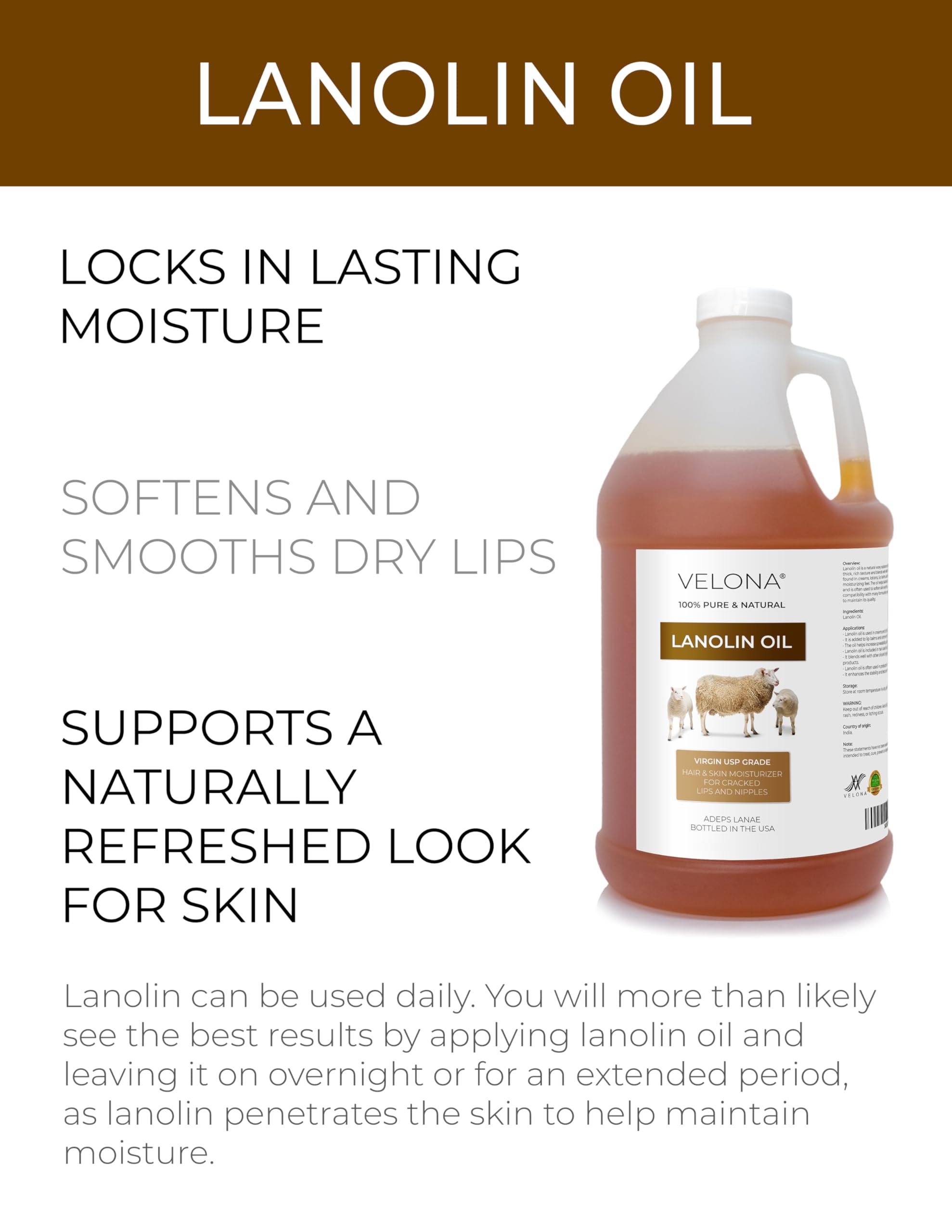 Velona Lanolin Oil USP Grade – 64oz Pure Carrier Oil for Skin, Hair & Nails | Refined, Cold Pressed