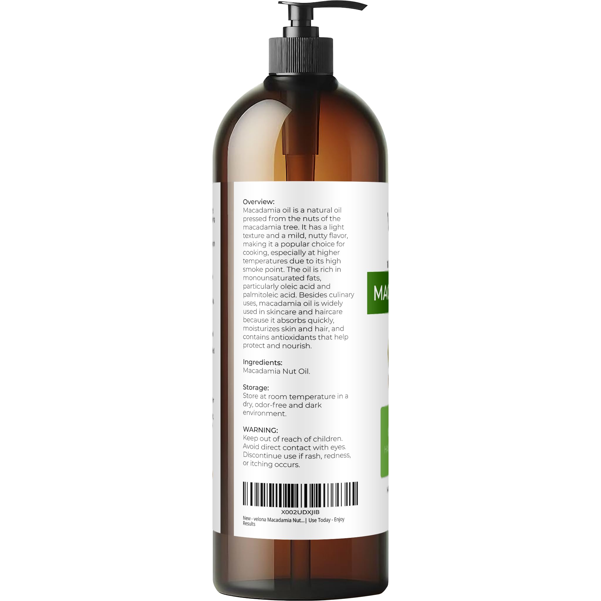 Velona Macadamia Nut Oil 32 Fl Oz – Pure Carrier Oil for Skin, Hair & Cooking