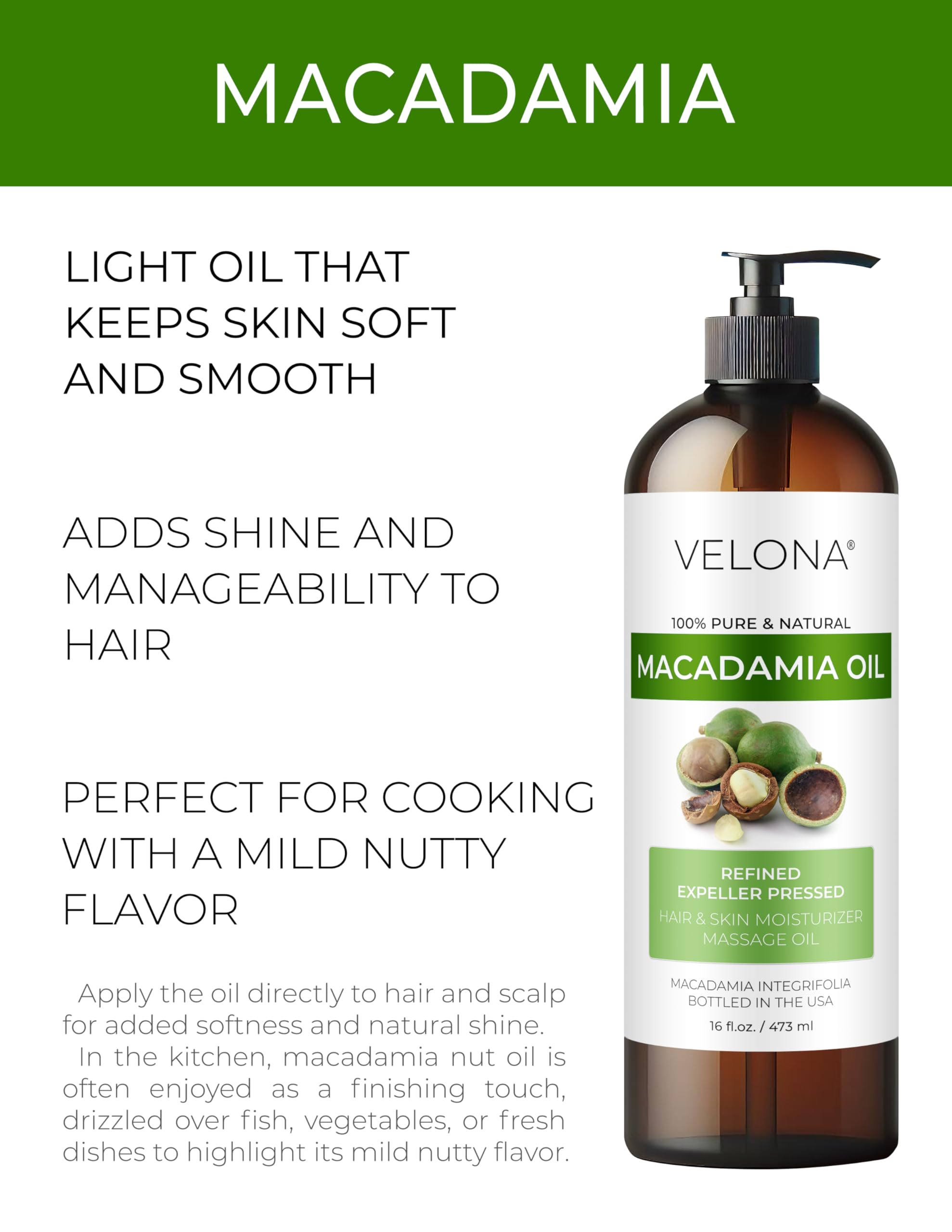 Velona Macadamia Nut Oil 32 Fl Oz – Pure Carrier Oil for Skin, Hair & Cooking