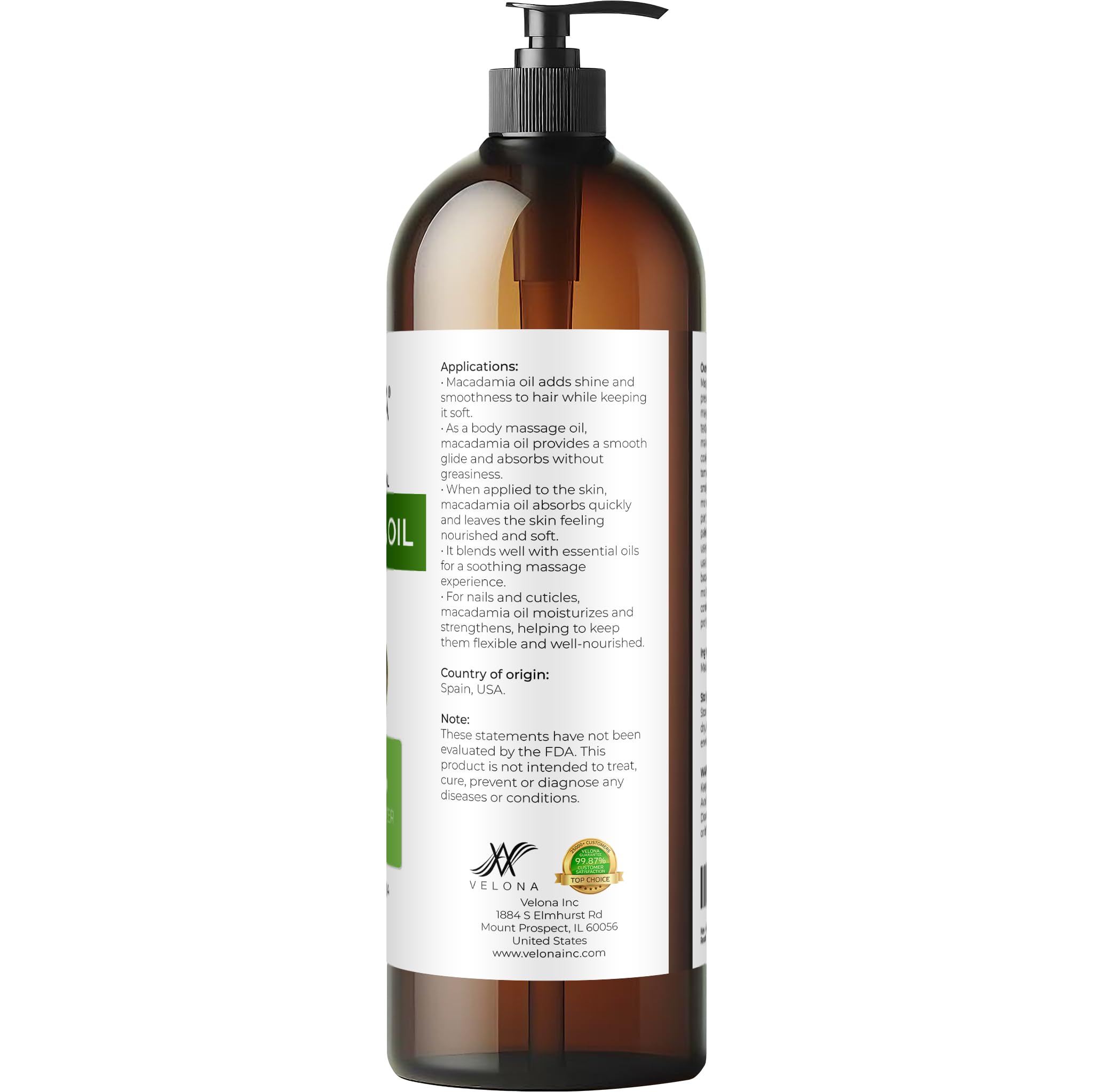 Velona Macadamia Nut Oil 32 Fl Oz – Pure Carrier Oil for Skin, Hair & Cooking