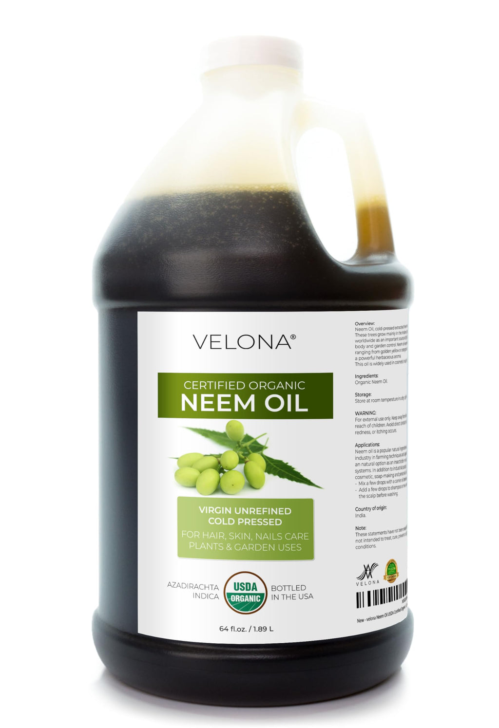 Velona Neem Oil USDA Organic - 64 fl oz | Cold-Pressed Virgin Carrier Oil
