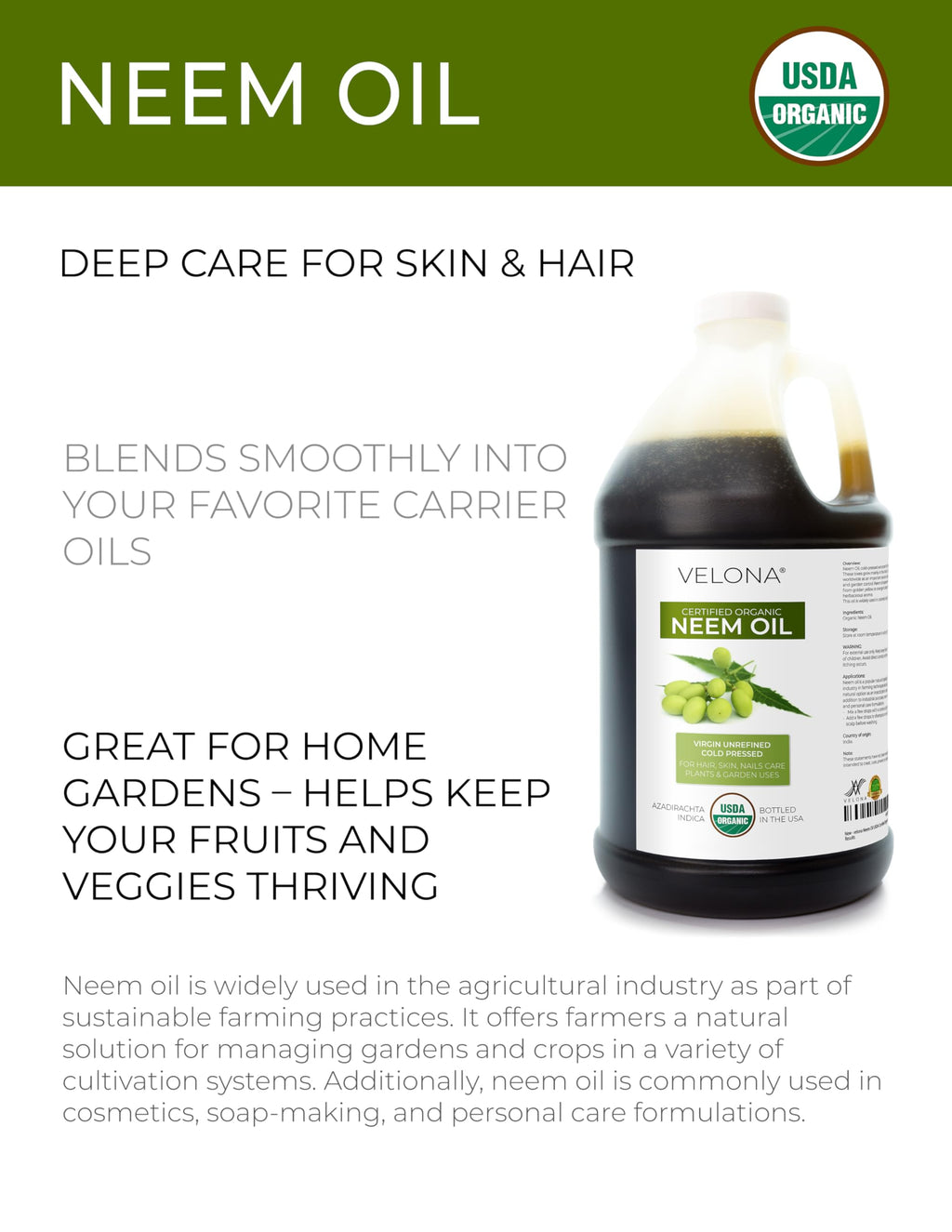Velona Neem Oil USDA Organic - 64 fl oz | Cold-Pressed Virgin Carrier Oil