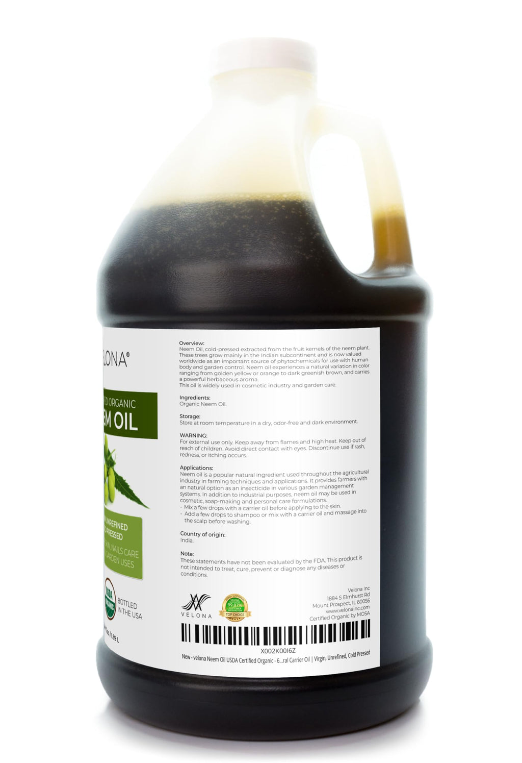 Velona Neem Oil USDA Organic - 64 fl oz | Cold-Pressed Virgin Carrier Oil