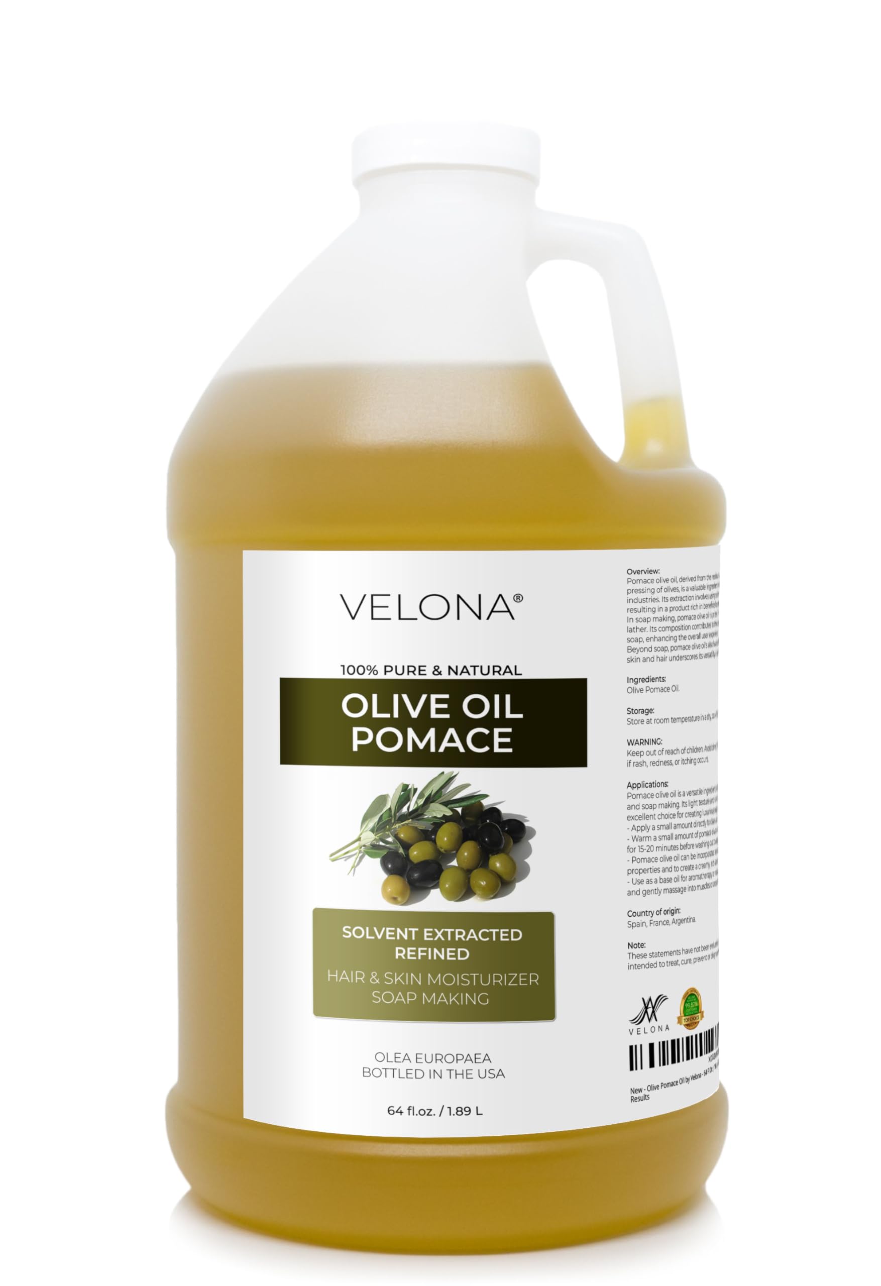 Velona Olive Pomace Oil – 64 Fl Oz | 100% Pure Carrier Oil for Skin, Hair & Body