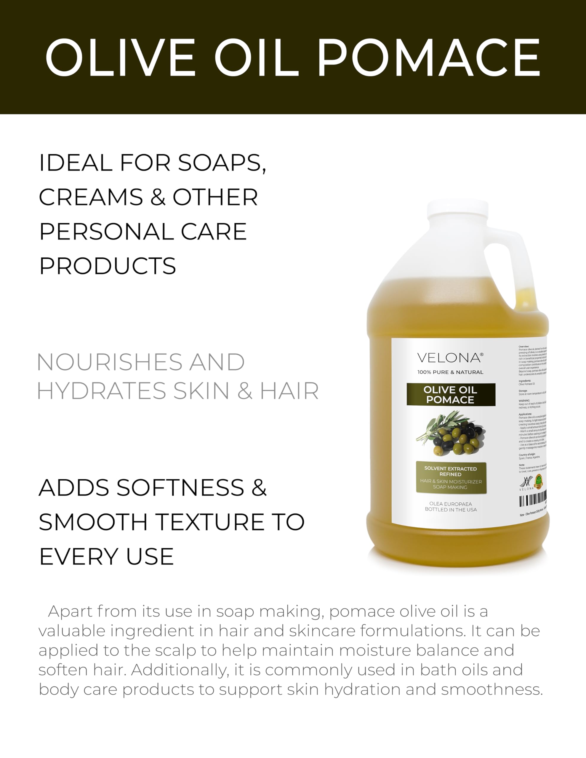 Velona Olive Pomace Oil – 64 Fl Oz | 100% Pure Carrier Oil for Skin, Hair & Body