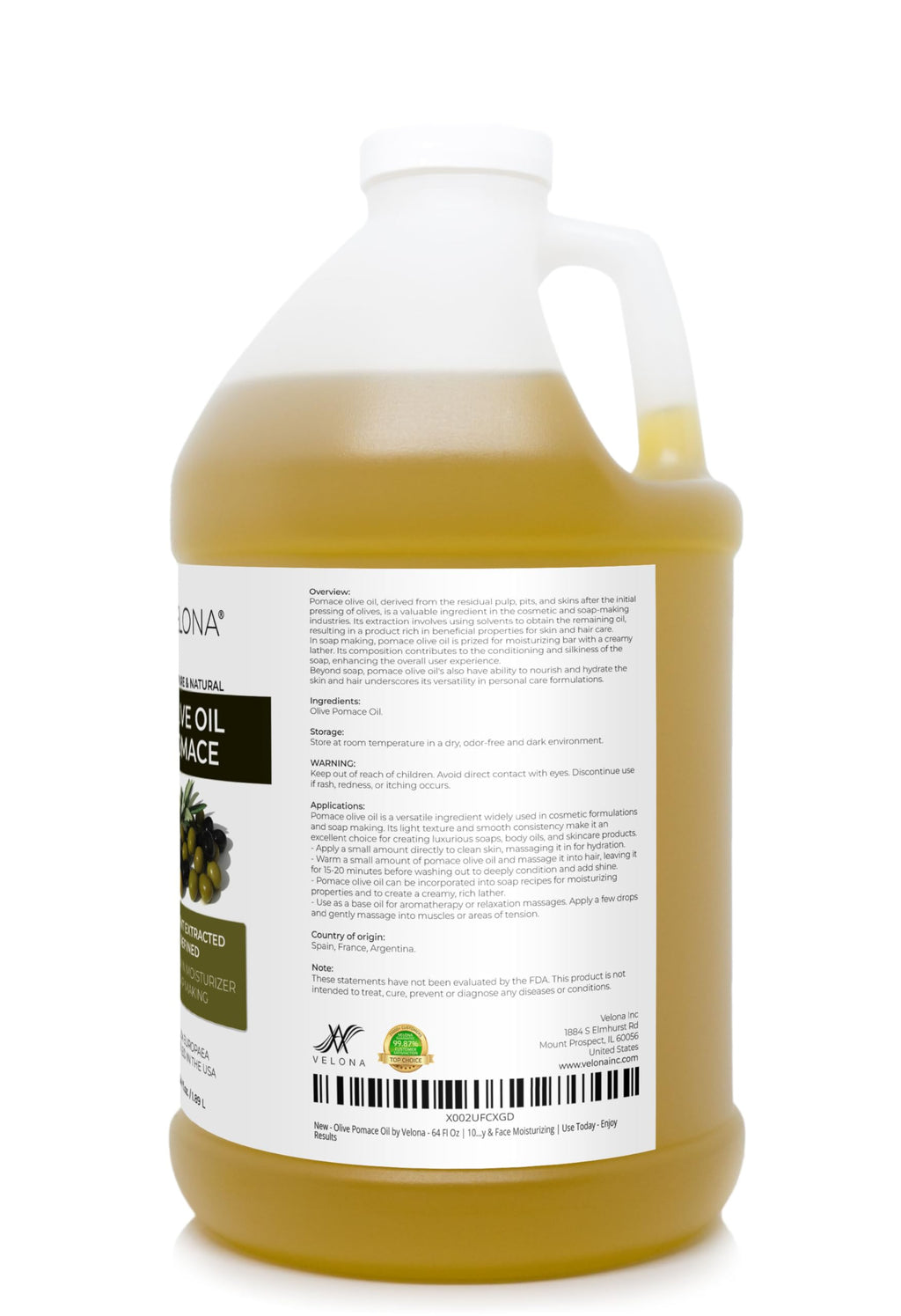 Velona Olive Pomace Oil – 64 Fl Oz | 100% Pure Carrier Oil for Skin, Hair & Body