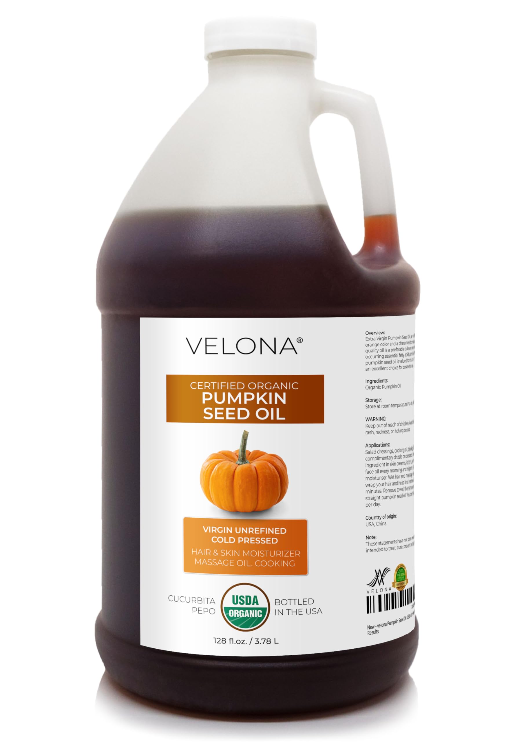 Velona Pumpkin Seed Oil – USDA Organic, 1 Gallon (128 Fl oz), Cold-Pressed Carrier Oil for Cooking, Skin & Hair