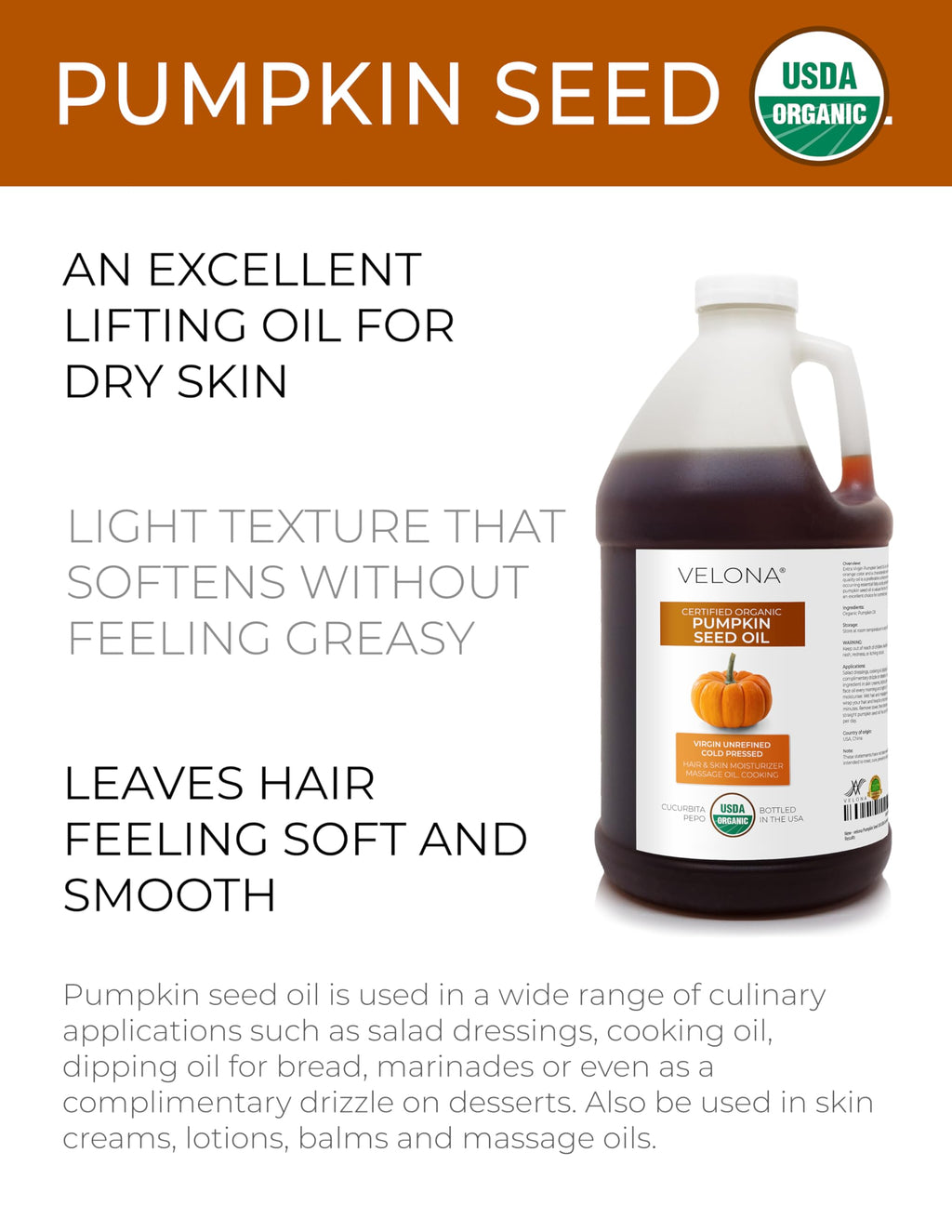 Velona Pumpkin Seed Oil – USDA Organic, 1 Gallon (128 Fl oz), Cold-Pressed Carrier Oil for Cooking, Skin & Hair
