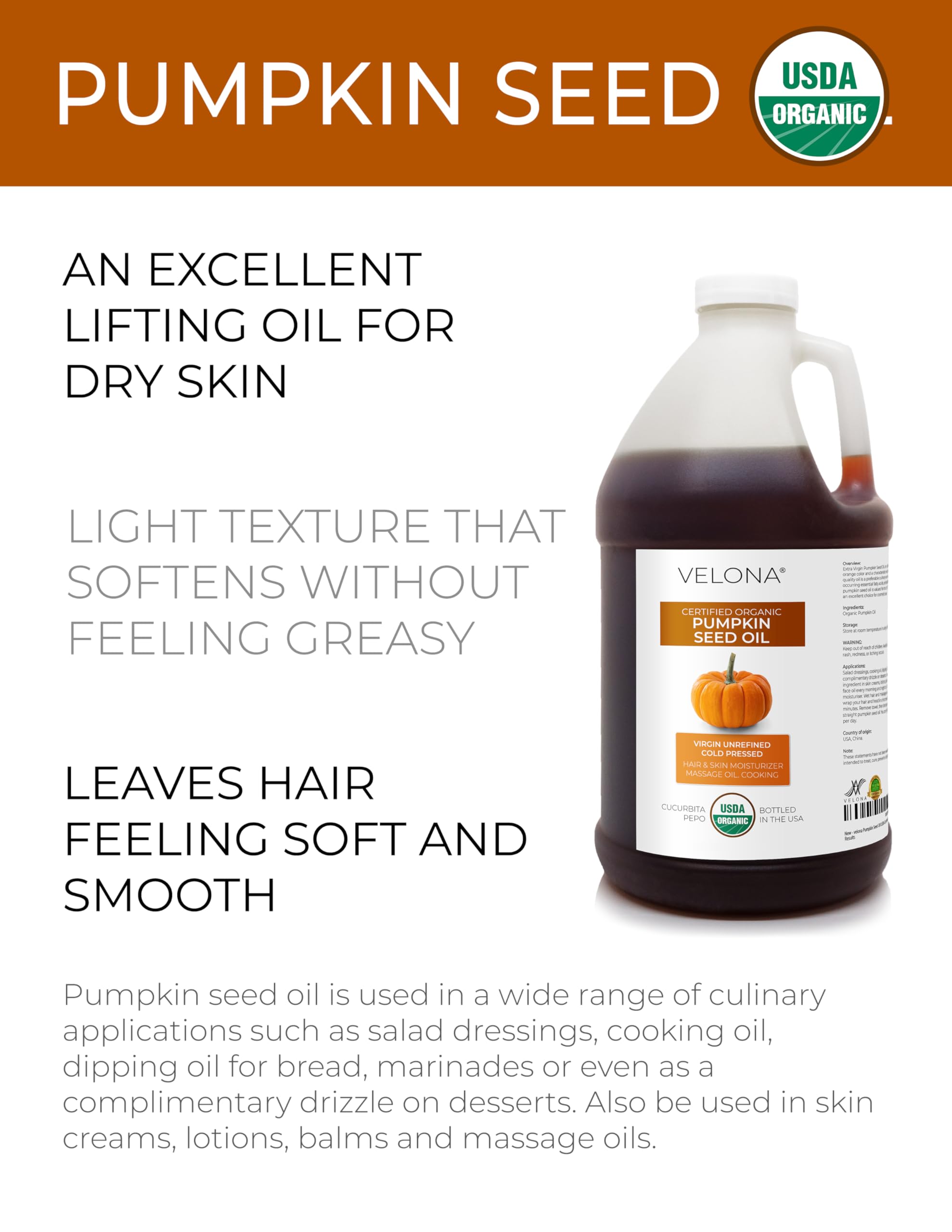Velona Pumpkin Seed Oil – USDA Organic, 1 Gallon (128 Fl oz), Cold-Pressed Carrier Oil for Cooking, Skin & Hair