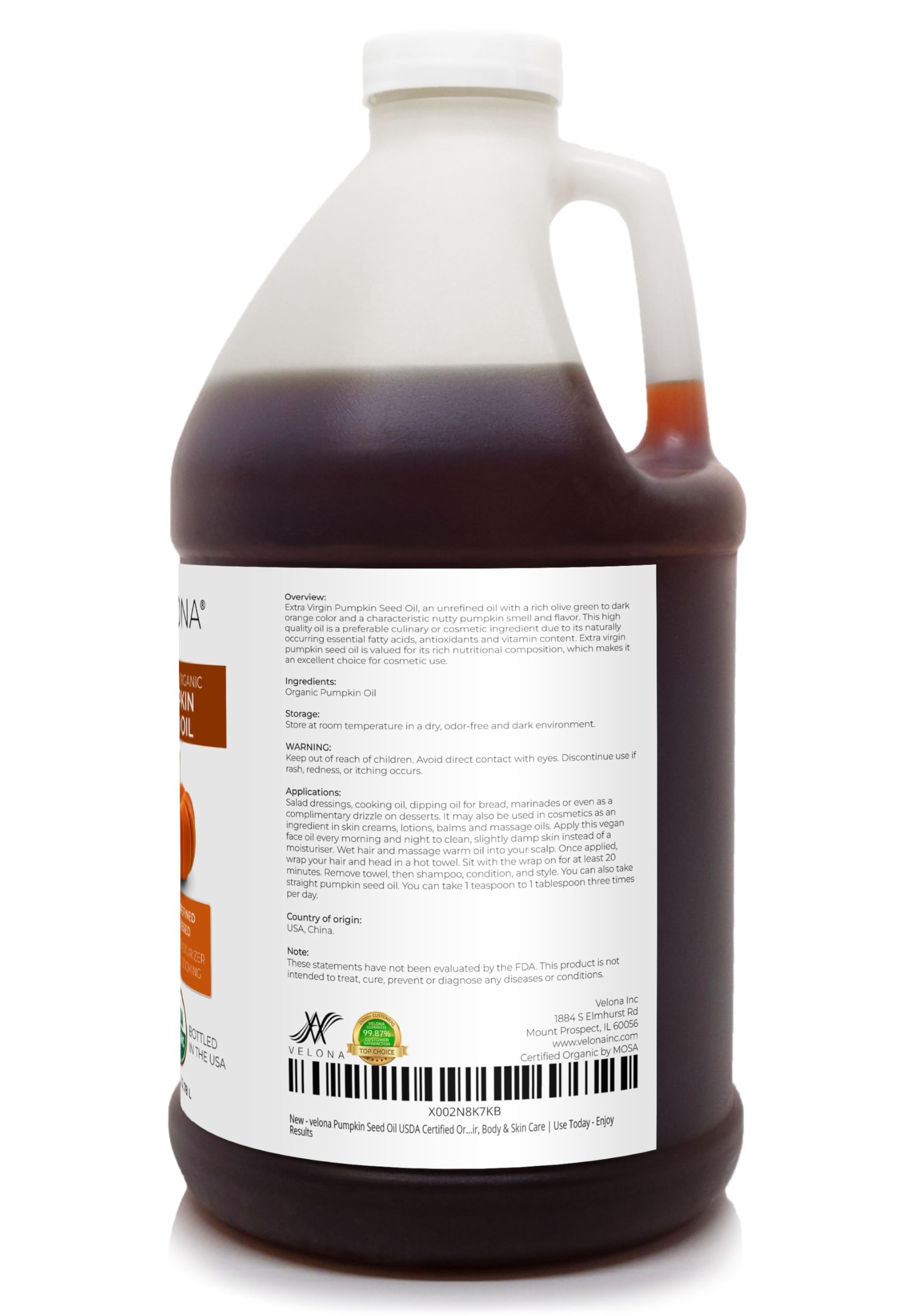 Velona Pumpkin Seed Oil – USDA Organic, 1 Gallon (128 Fl oz), Cold-Pressed Carrier Oil for Cooking, Skin & Hair