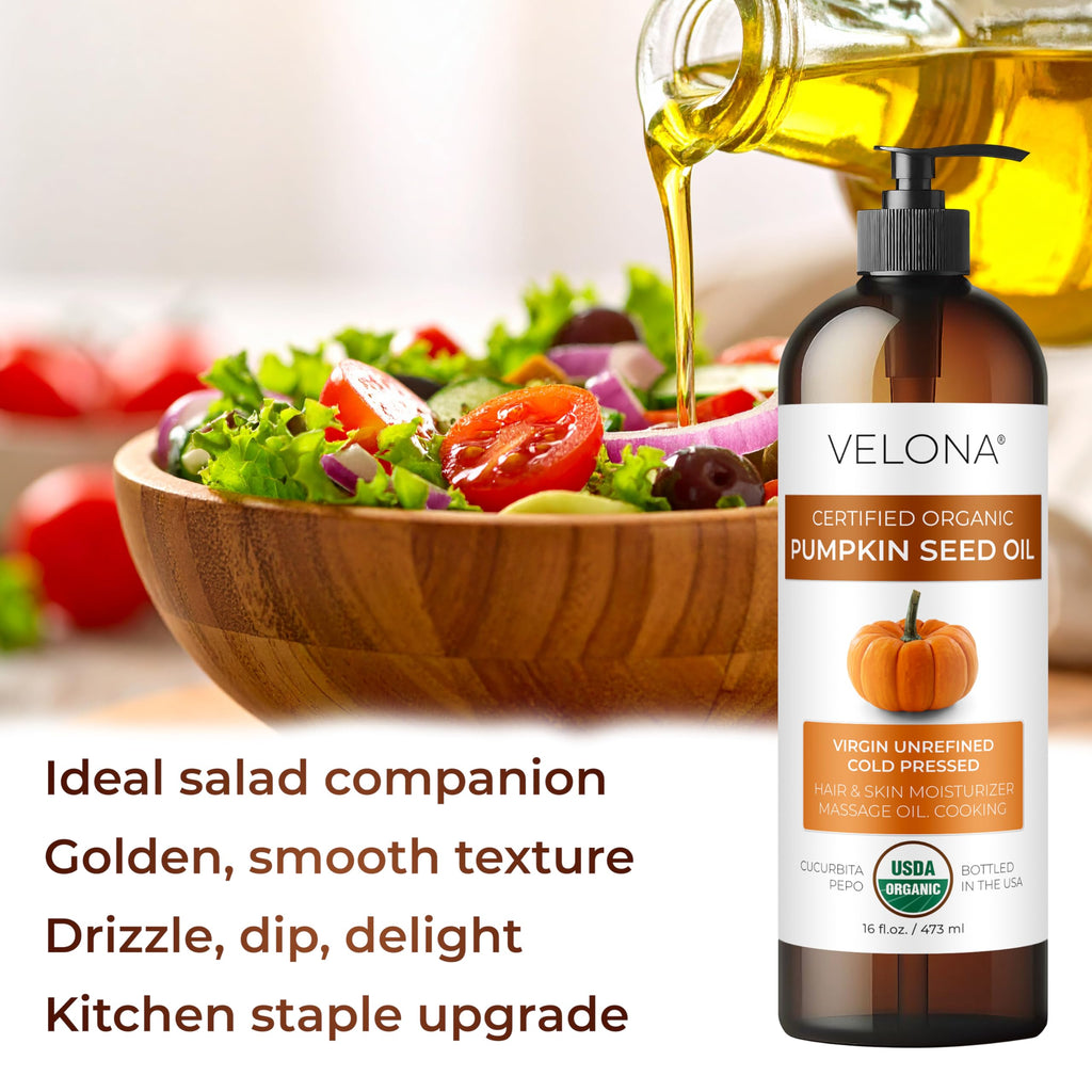 Velona Pumpkin Seed Oil – USDA Organic, 1 Gallon (128 Fl oz), Cold-Pressed Carrier Oil for Cooking, Skin & Hair