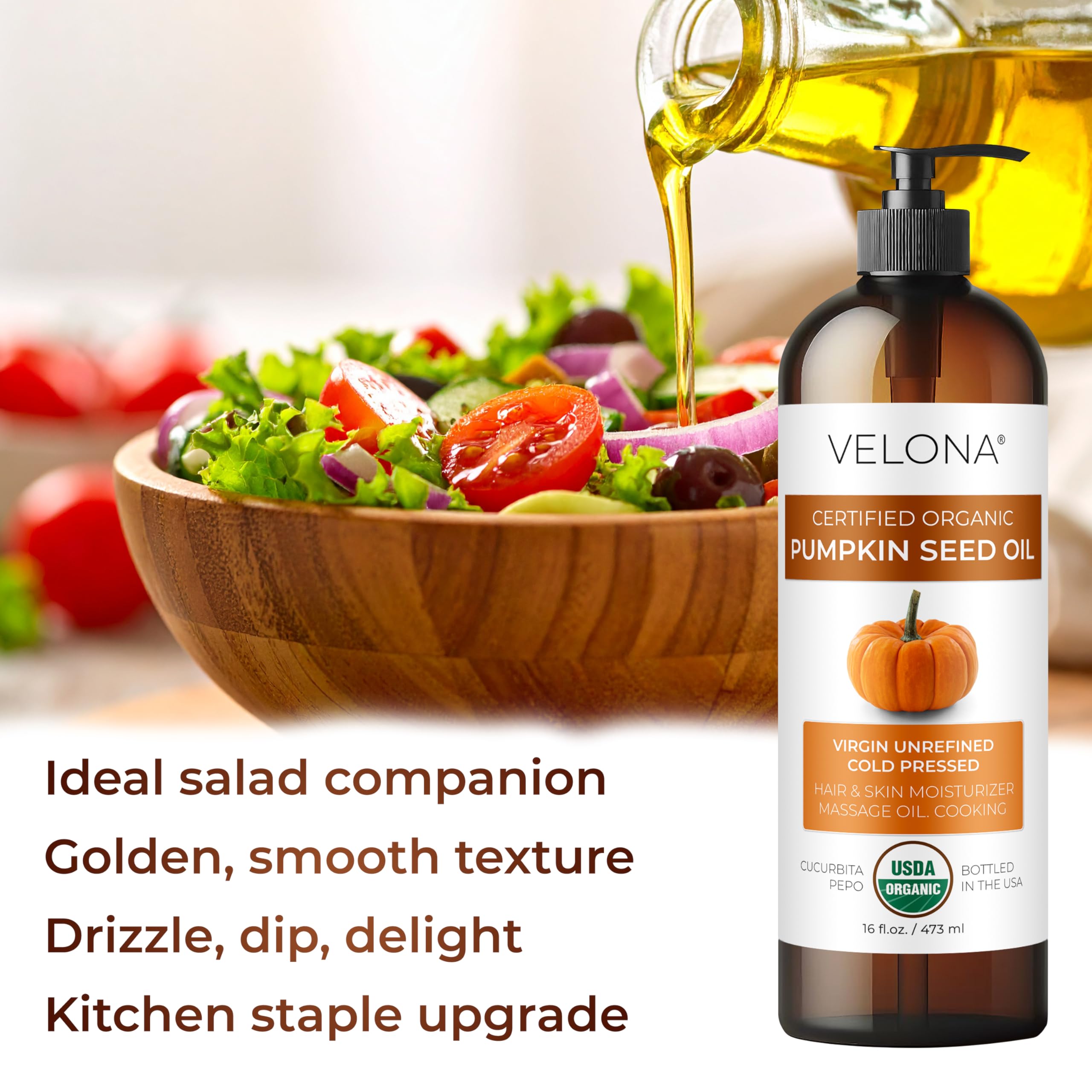 Velona Pumpkin Seed Oil – USDA Organic, 1 Gallon (128 Fl oz), Cold-Pressed Carrier Oil for Cooking, Skin & Hair