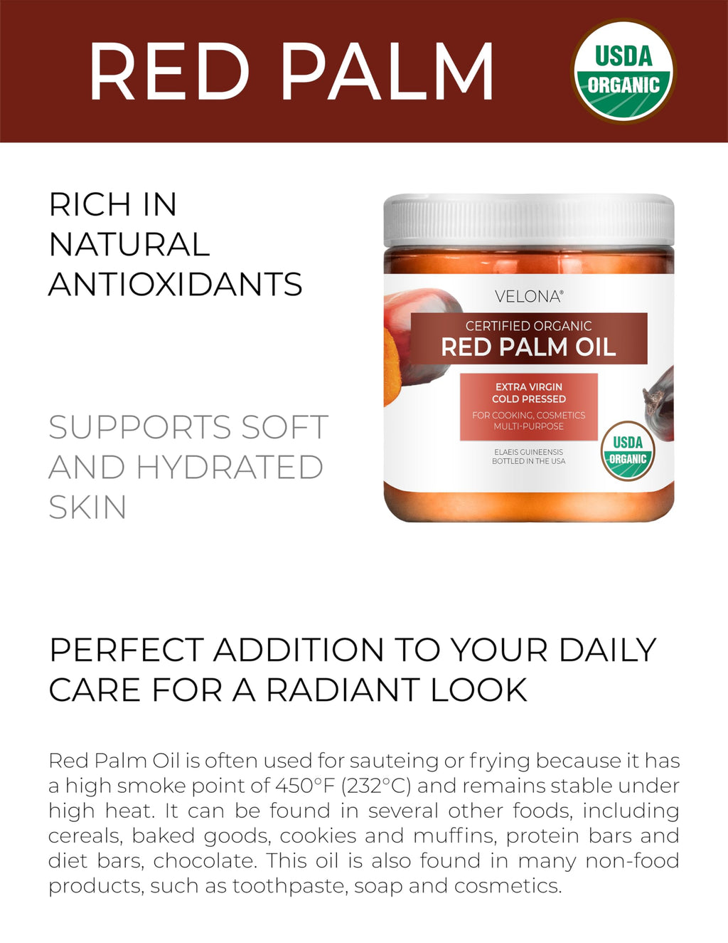 Velona USDA Organic Red Palm Oil 16oz – Extra Virgin, Cold-Pressed for Cooking & Skincare