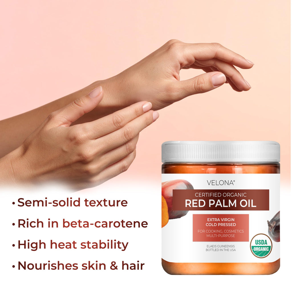 Velona USDA Organic Red Palm Oil 16oz – Extra Virgin, Cold-Pressed for Cooking & Skincare