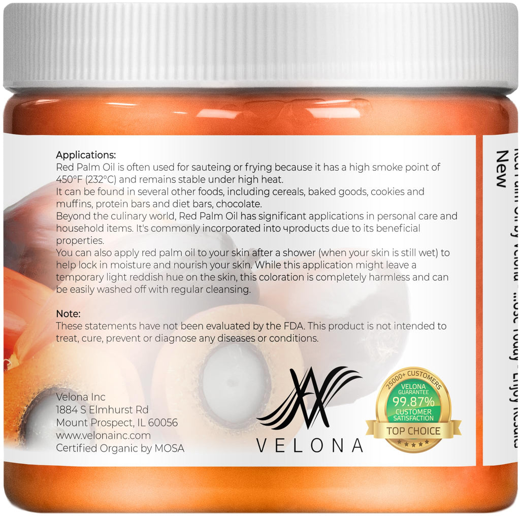 Velona USDA Organic Red Palm Oil 16oz – Extra Virgin, Cold-Pressed for Cooking & Skincare