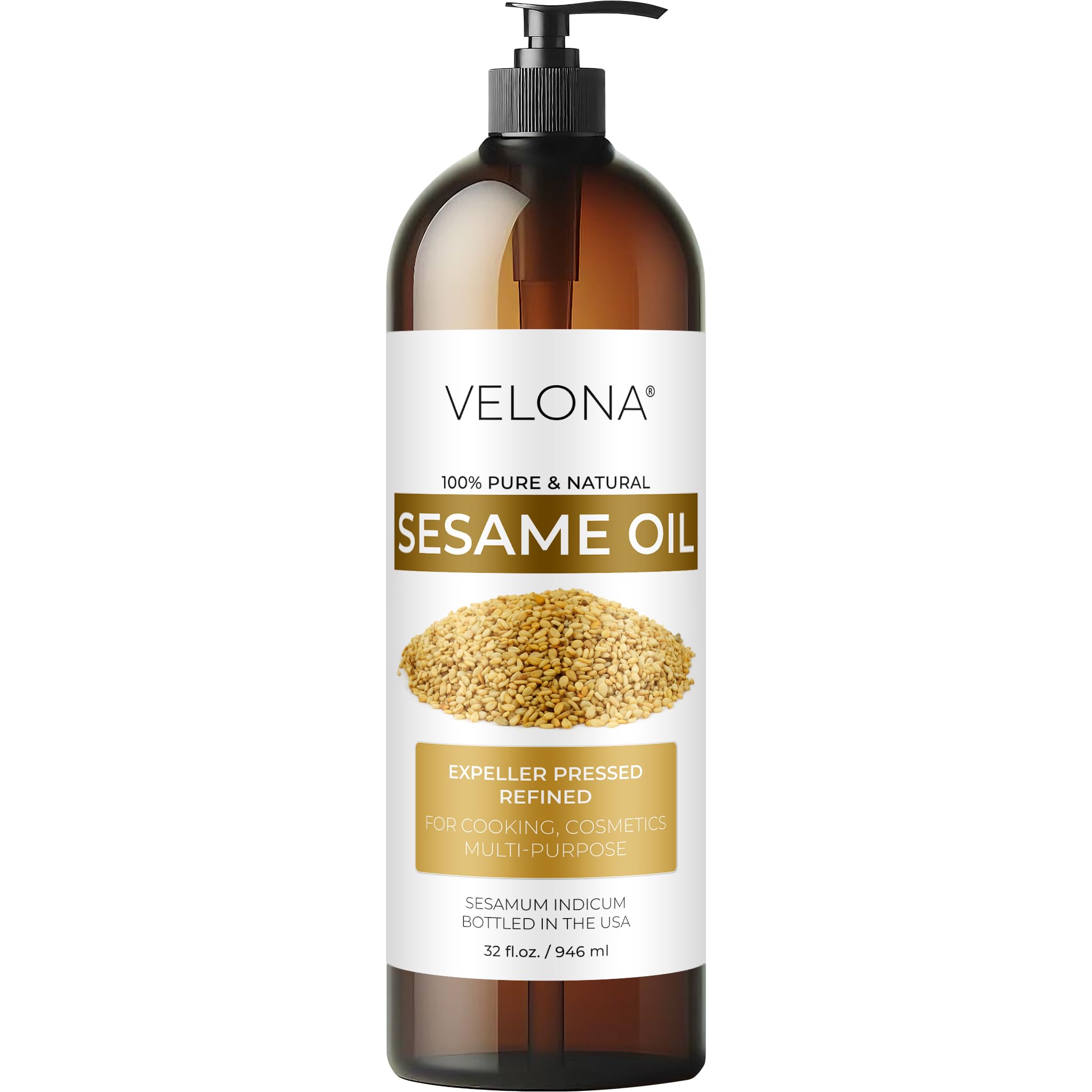 Sesame Seed Oil by Velona - 32 fl oz | Pure Carrier Oil for Skin, Hair & Cooking
