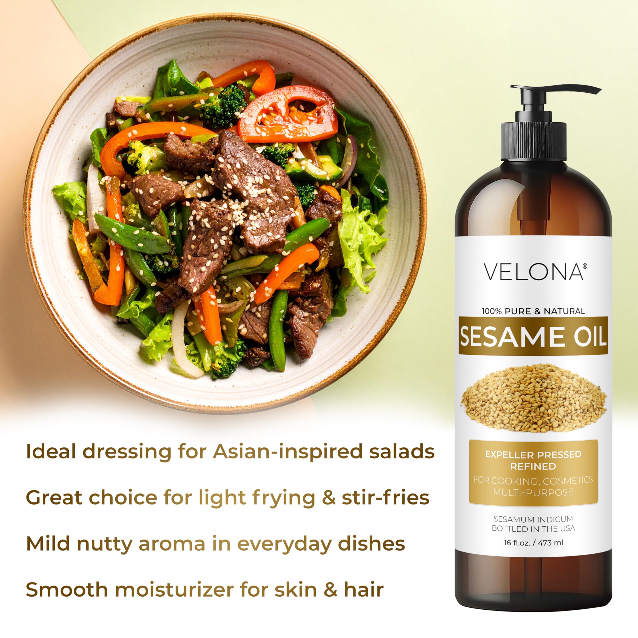 Sesame Seed Oil by Velona - 32 fl oz | Pure Carrier Oil for Skin, Hair & Cooking