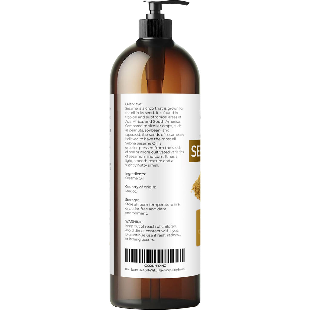 Sesame Seed Oil by Velona - 32 fl oz | Pure Carrier Oil for Skin, Hair & Cooking