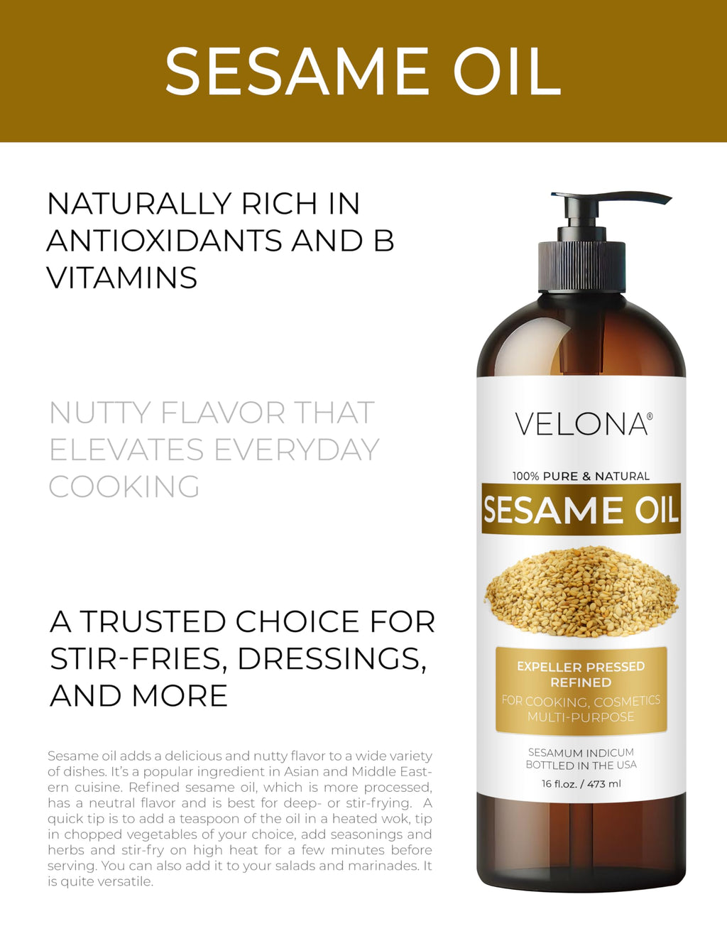 Sesame Seed Oil by Velona - 32 fl oz | Pure Carrier Oil for Skin, Hair & Cooking